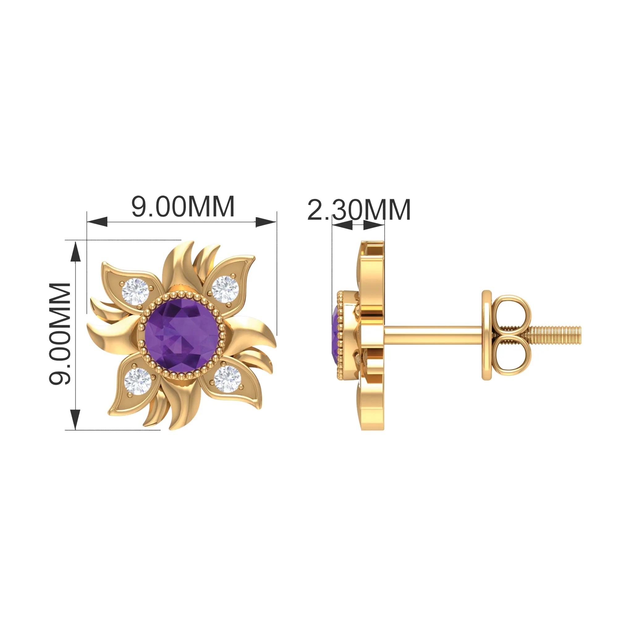 1/2 CT Round Shape Amethyst and Diamond Sunburst Stud Earrings