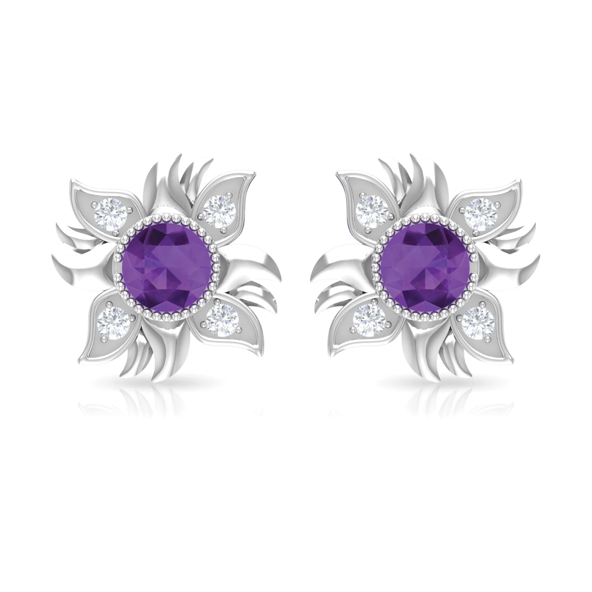 1/2 CT Round Shape Amethyst and Diamond Sunburst Stud Earrings