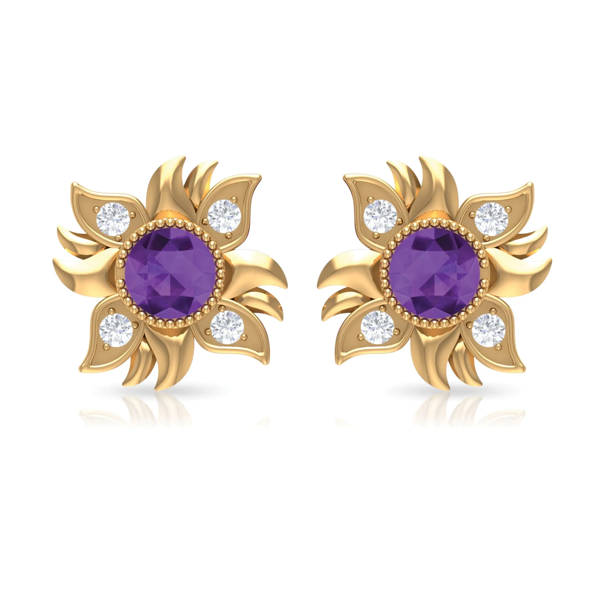 1/2 CT Round Shape Amethyst and Diamond Sunburst Stud Earrings