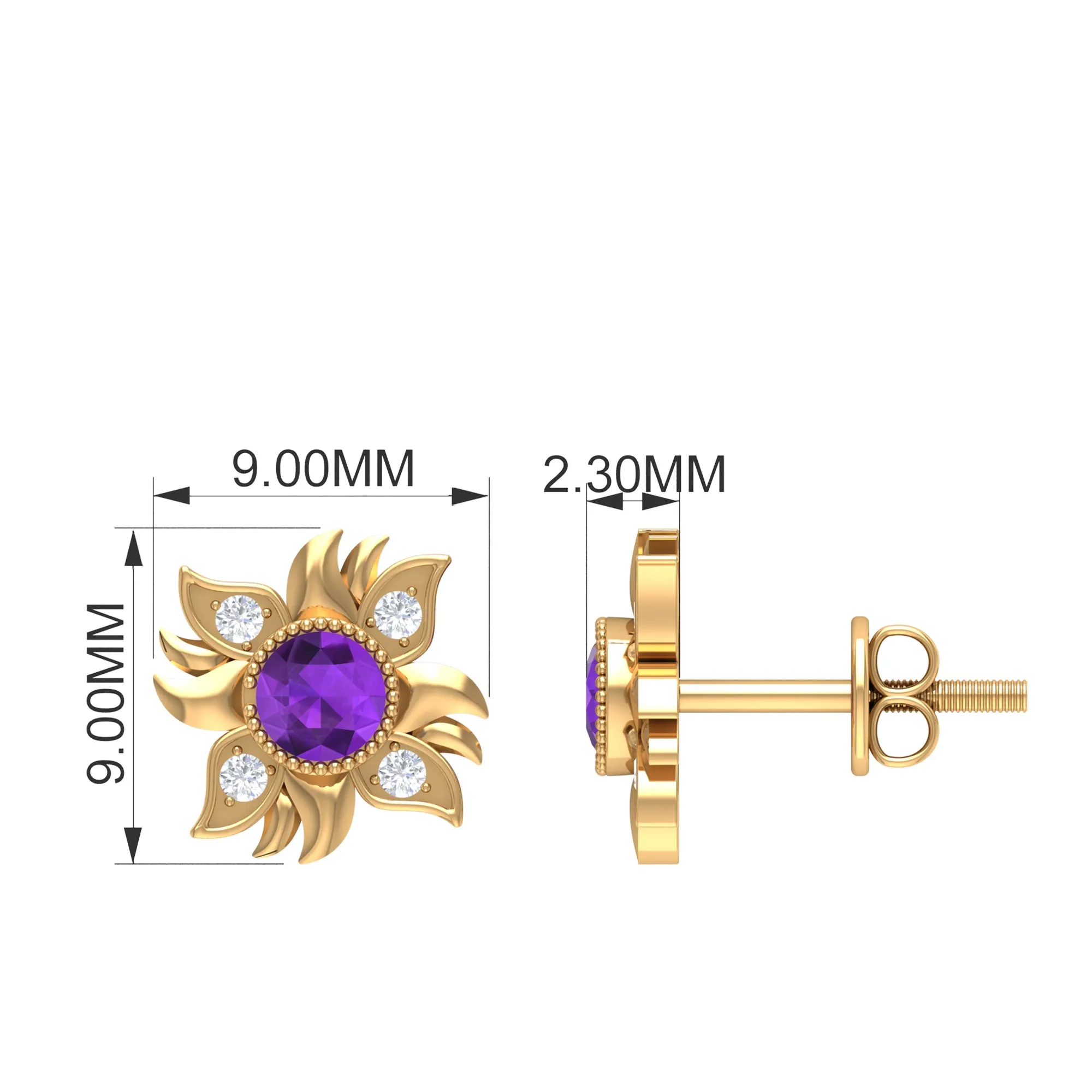 1/2 CT Round Shape Amethyst and Diamond Sunburst Stud Earrings