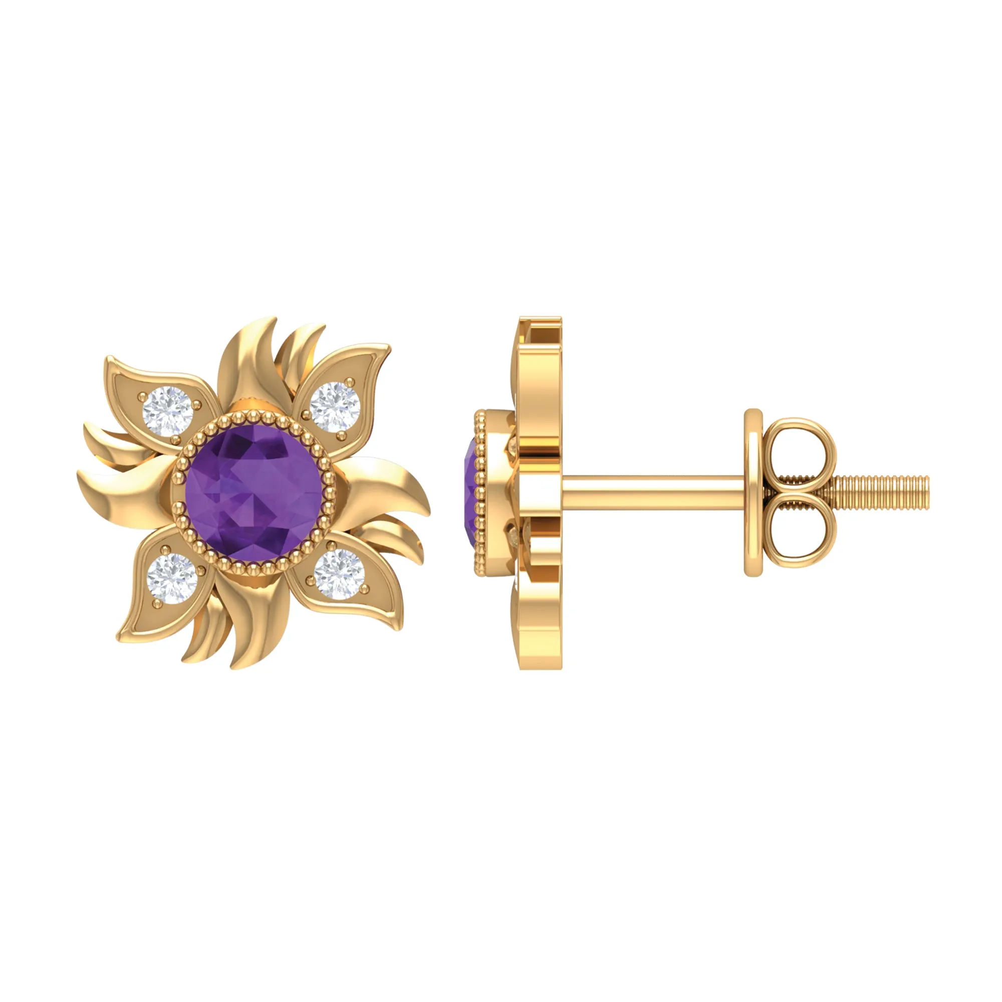1/2 CT Round Shape Amethyst and Diamond Sunburst Stud Earrings
