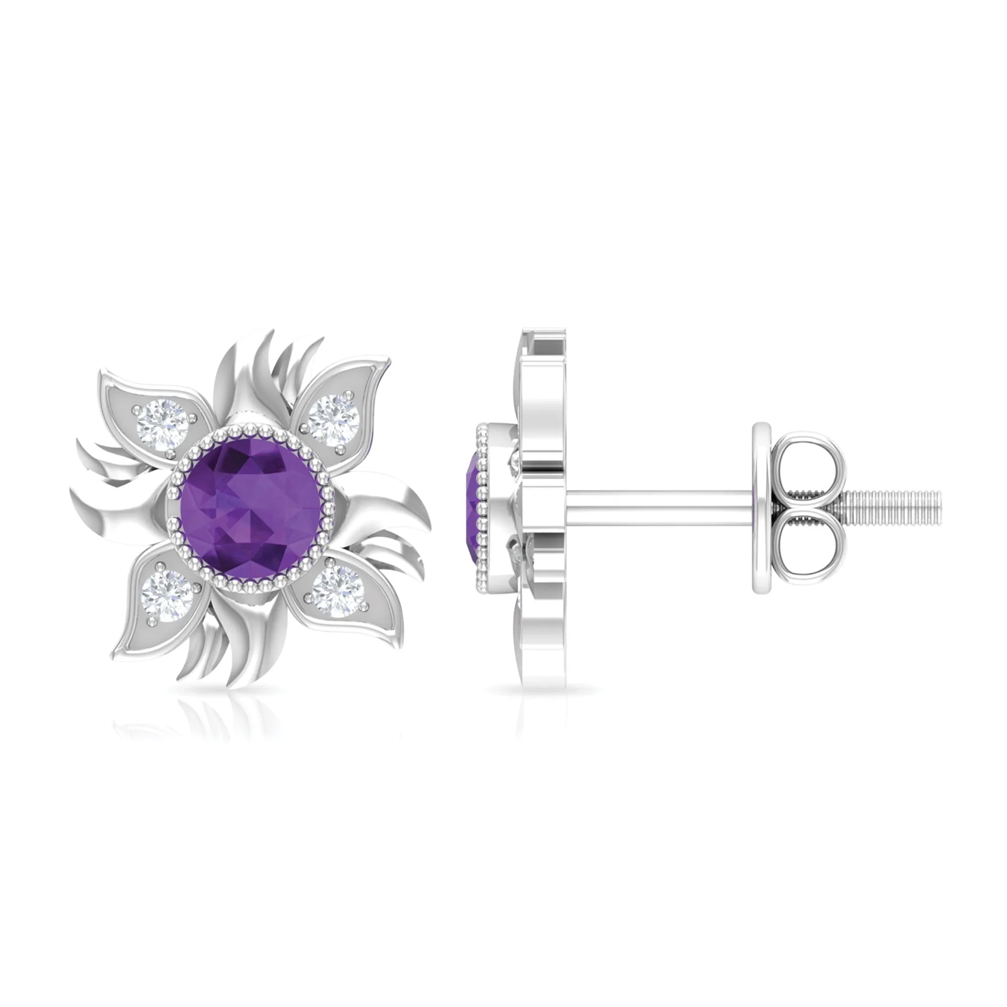 1/2 CT Round Shape Amethyst and Diamond Sunburst Stud Earrings