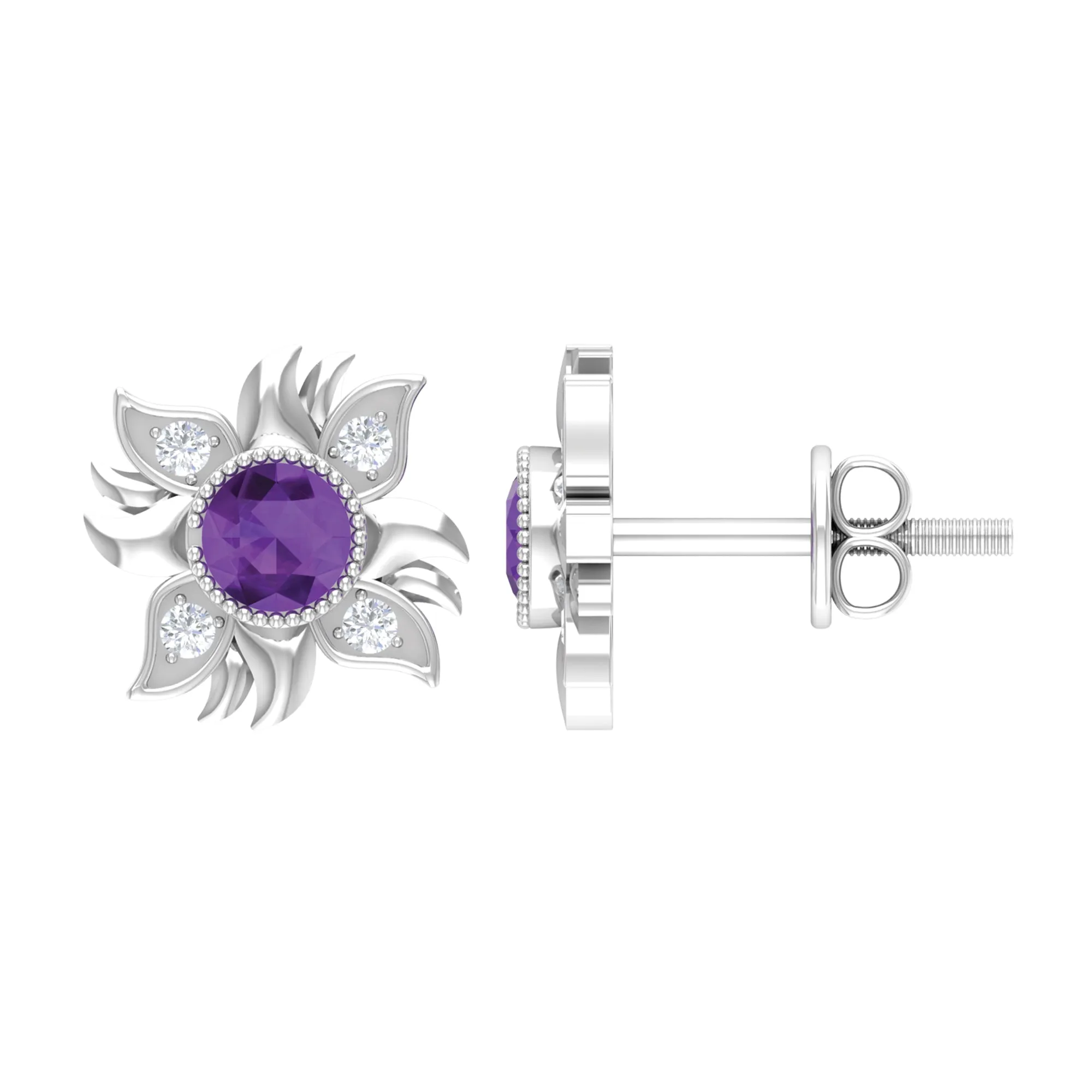 1/2 CT Round Shape Amethyst and Diamond Sunburst Stud Earrings