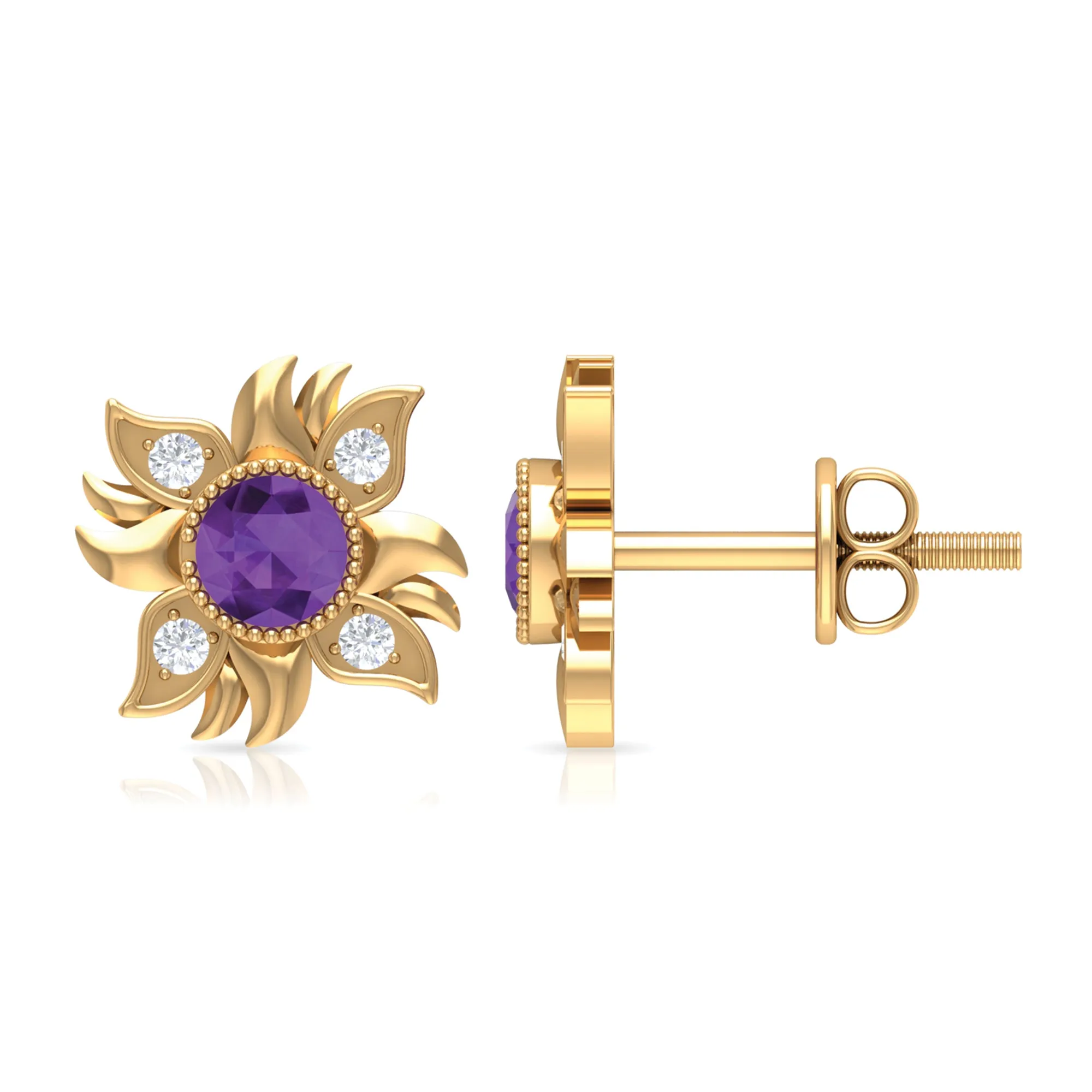 1/2 CT Round Shape Amethyst and Diamond Sunburst Stud Earrings