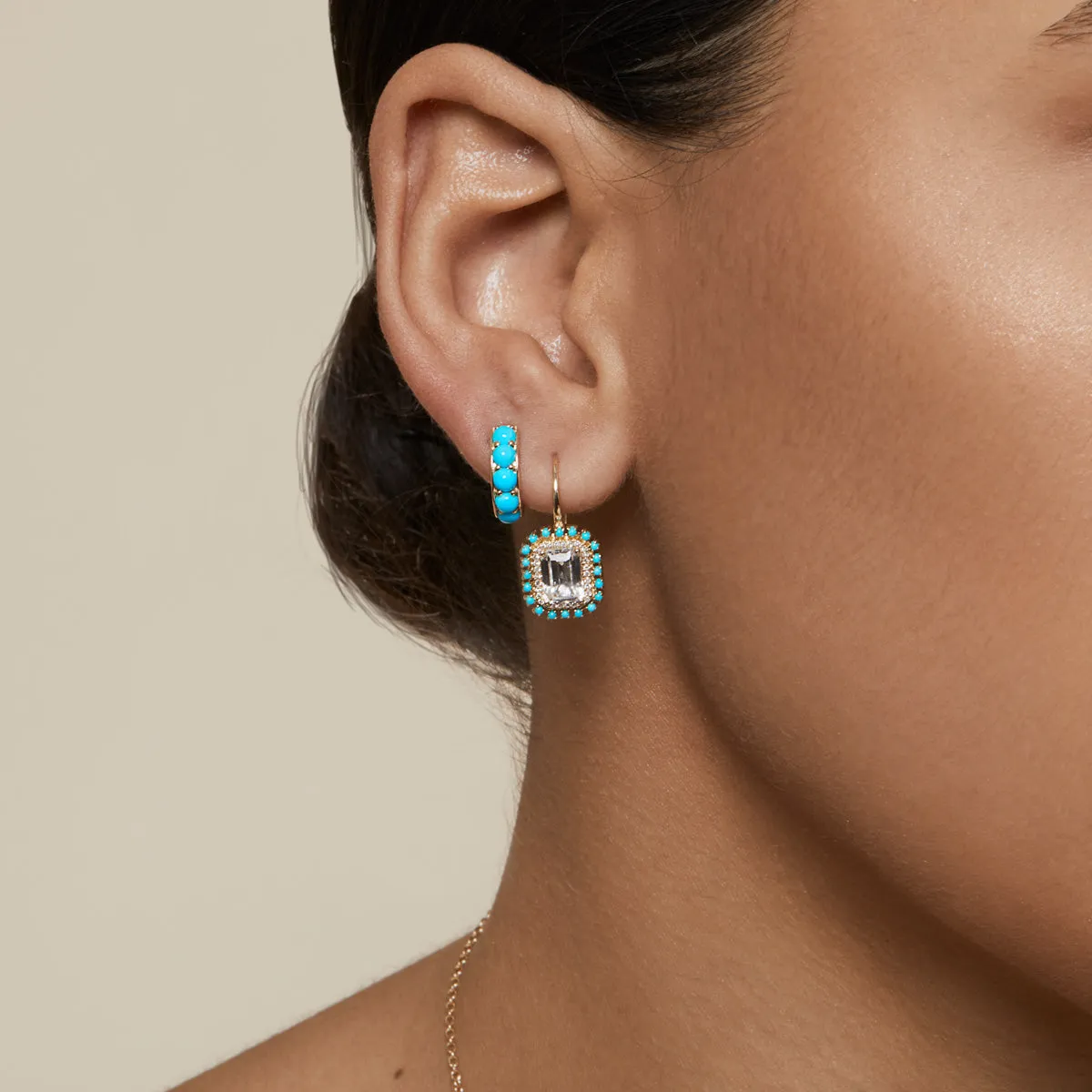 14KT Yellow Gold Topaz Turquoise Diamond Monaco Leverback Earrings
