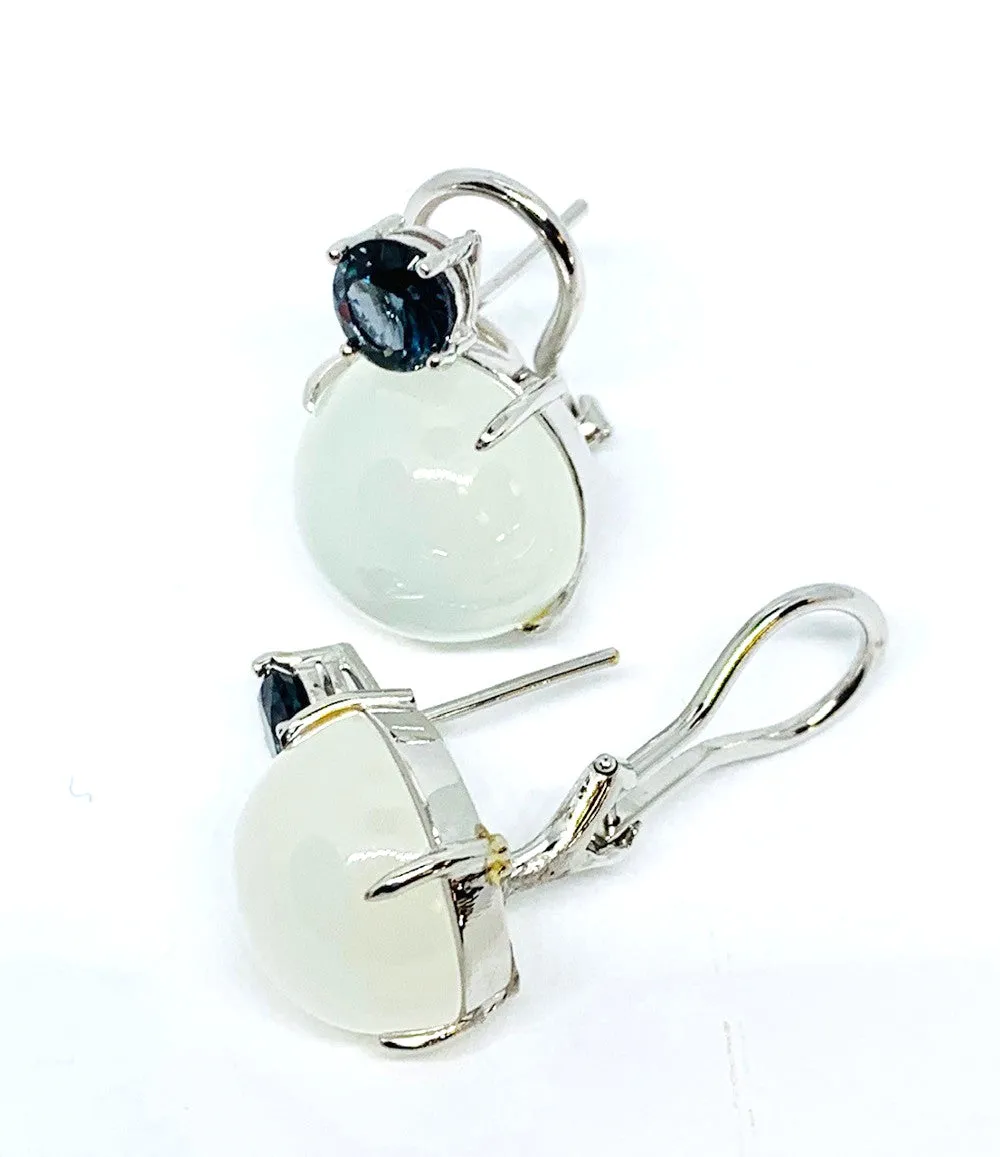 23.47 ct. t.w. Moonstone, Blue Spinel 18k White Gold French Clip Drop Earrings