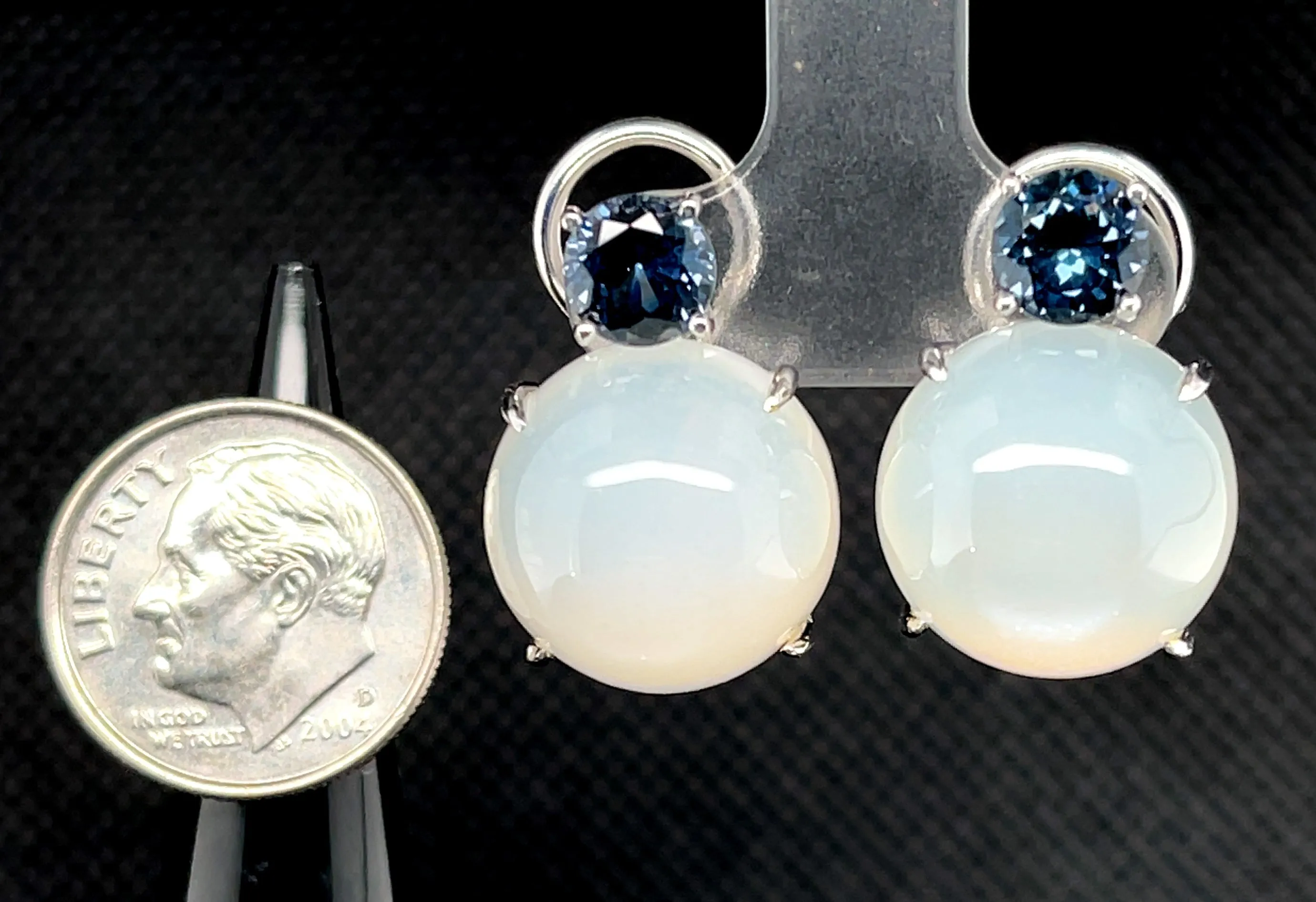 23.47 ct. t.w. Moonstone, Blue Spinel 18k White Gold French Clip Drop Earrings