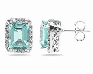 3 3/4 Carat Tw Emerald Cut Aquamarine  And Diamond Earrings In 14K White Gold