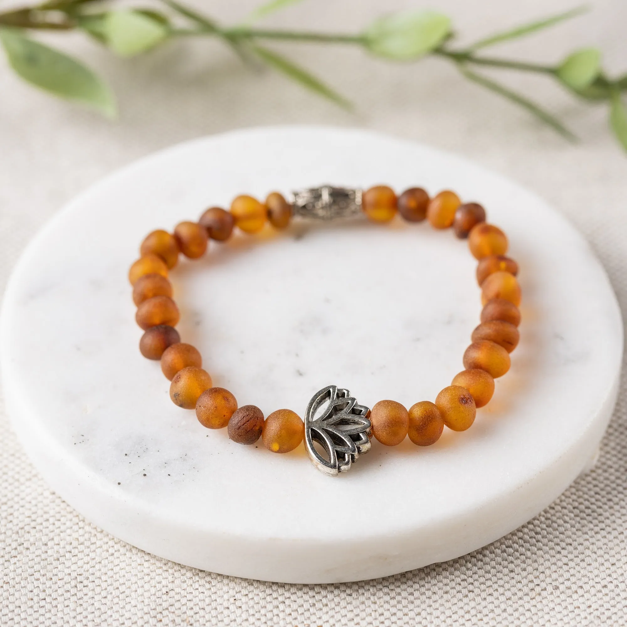Adults | Lotus Flower   Raw Cognac Amber Bracelet