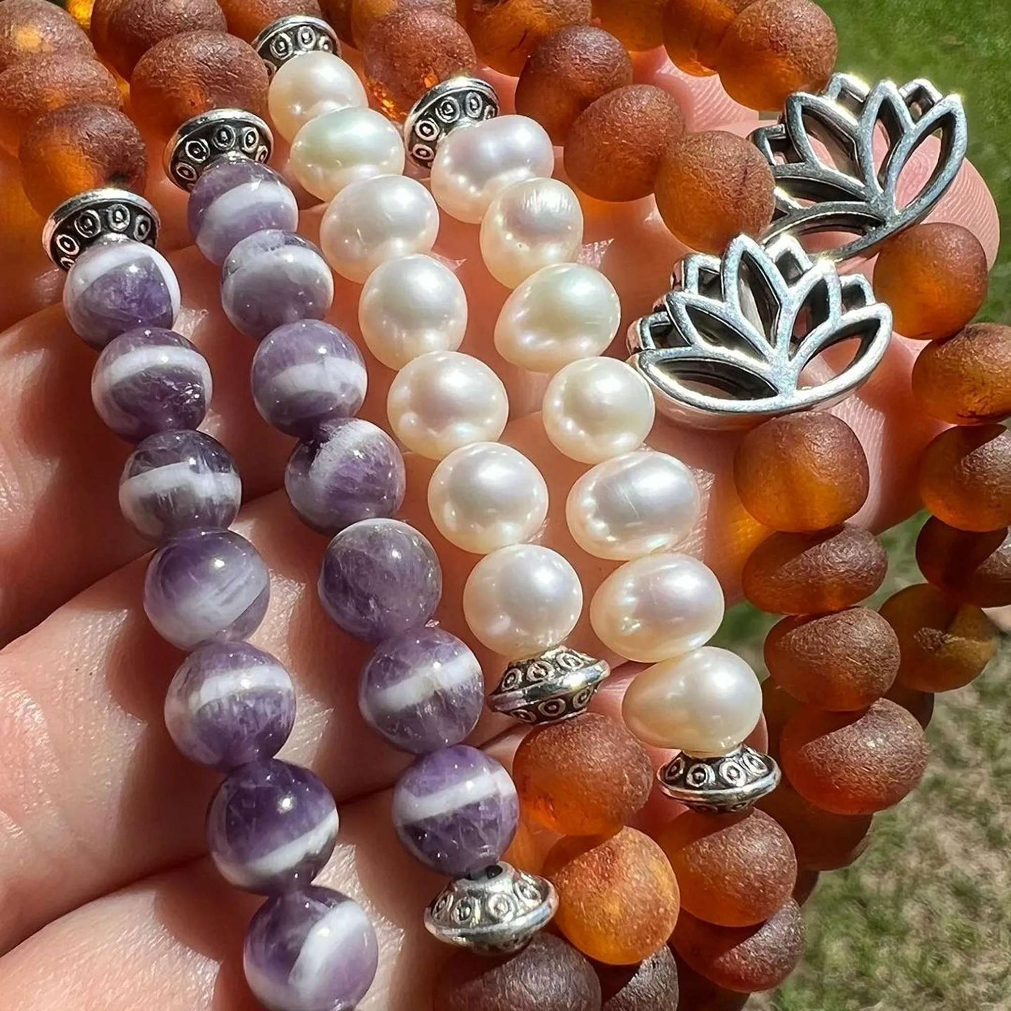 Adults | Lotus Flower   Raw Cognac Amber Bracelet