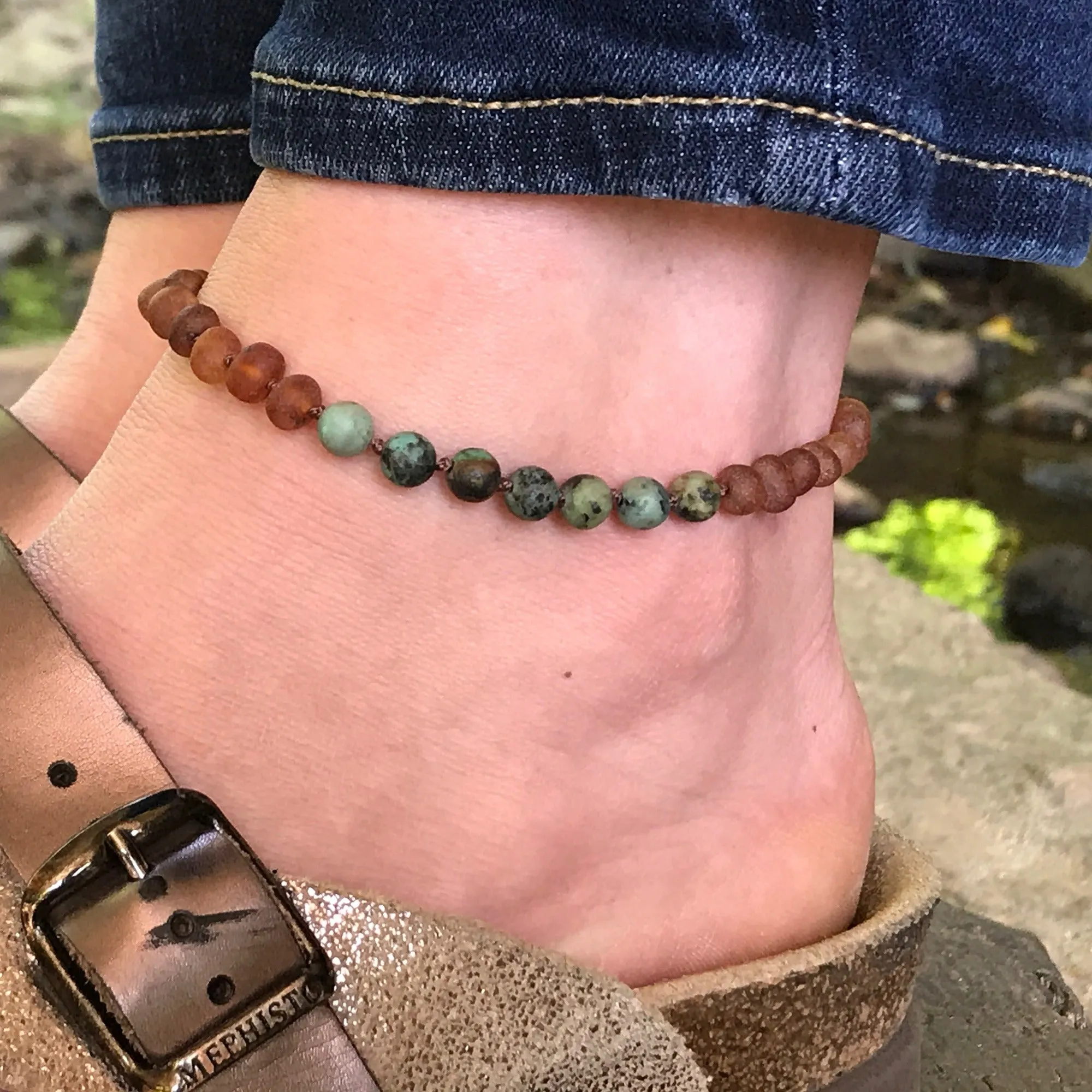 Adults | Malachite Mix   Raw Cognac Amber Anklet