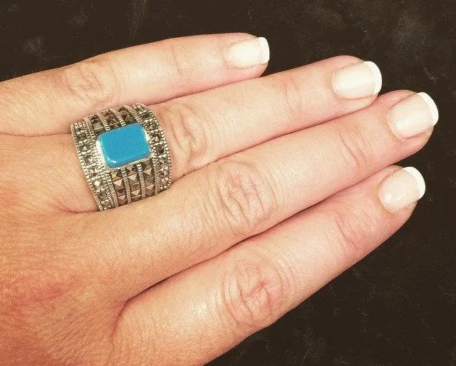 Art Deco Ring Silver Turquoise Marcasite