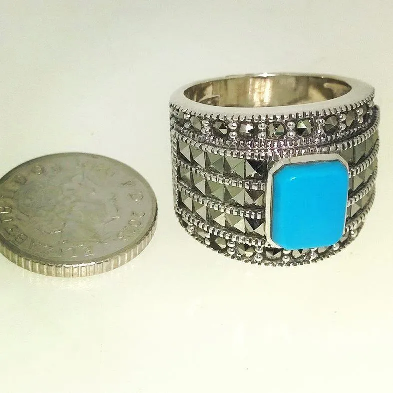 Art Deco Ring Silver Turquoise Marcasite