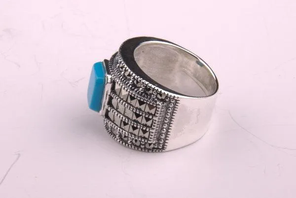 Art Deco Ring Silver Turquoise Marcasite