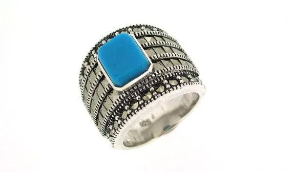 Art Deco Ring Silver Turquoise Marcasite