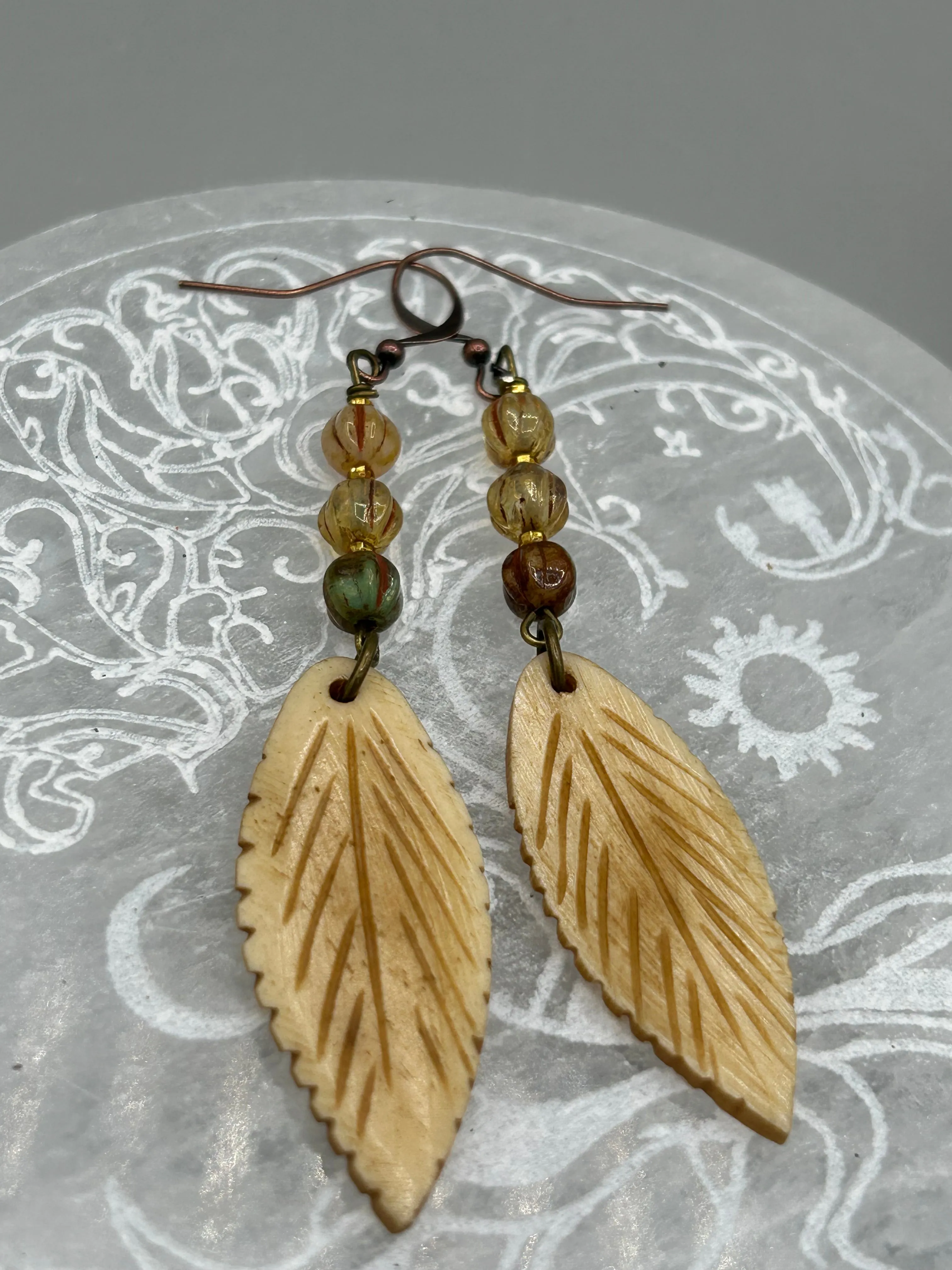 Bone Carved Leaf Charm Earrings, Champagne Mix Melon Czech Round Glass Beaded Earrings