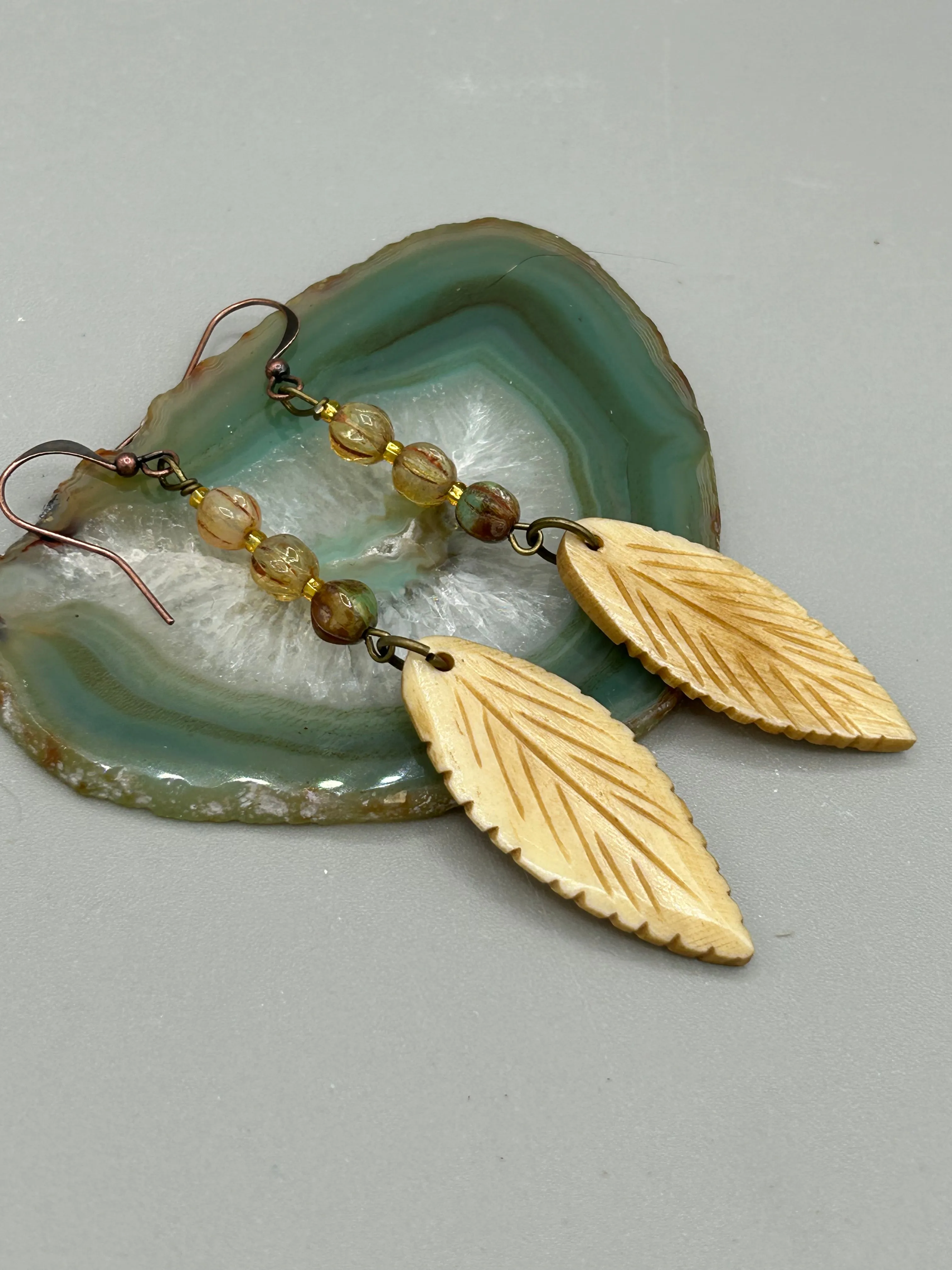 Bone Carved Leaf Charm Earrings, Champagne Mix Melon Czech Round Glass Beaded Earrings
