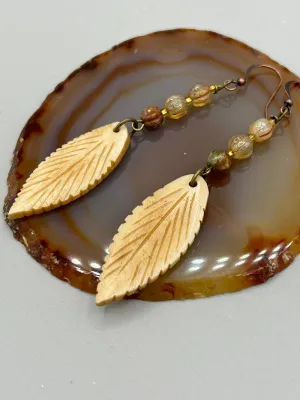 Bone Carved Leaf Charm Earrings, Champagne Mix Melon Czech Round Glass Beaded Earrings