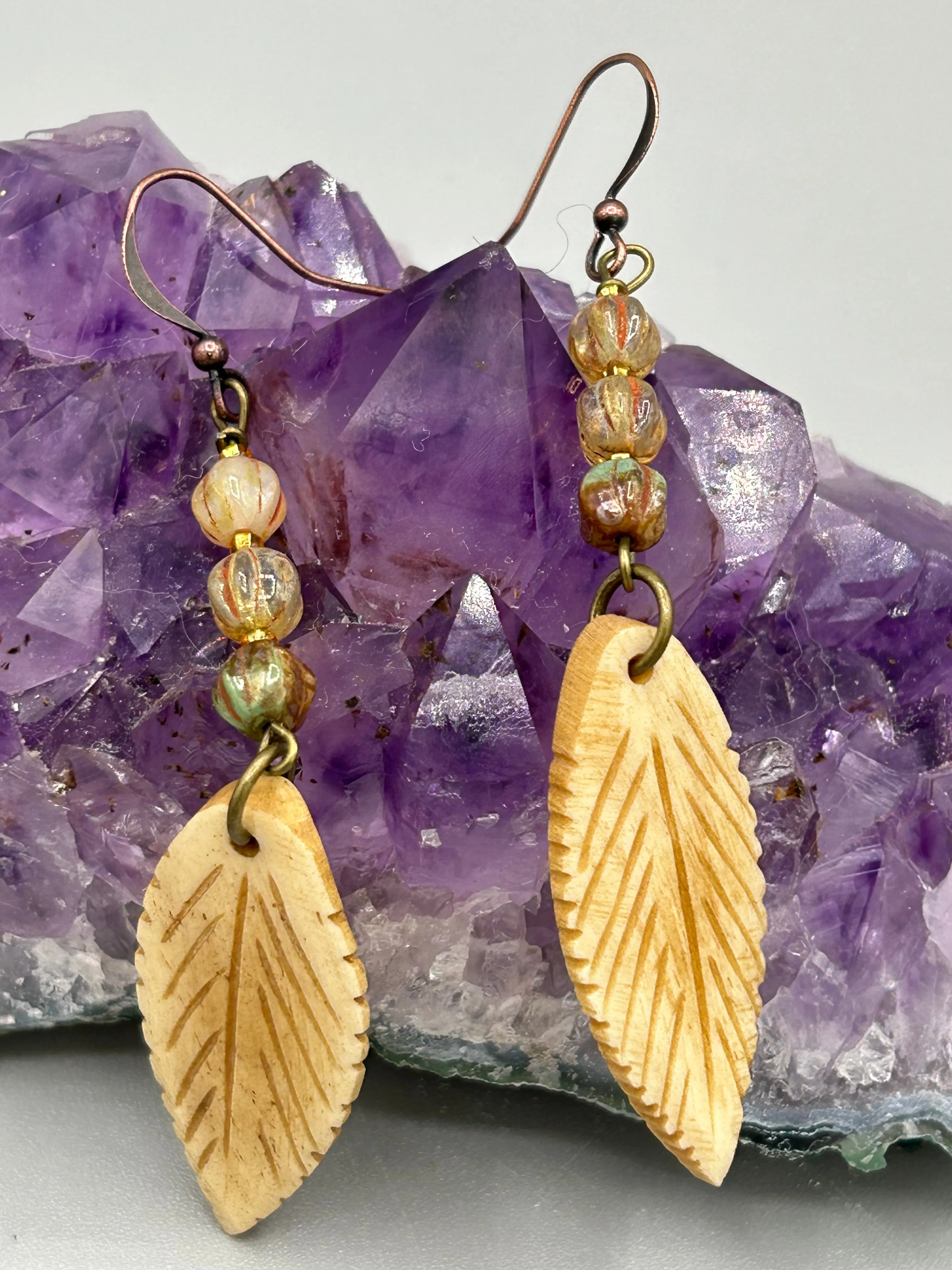 Bone Carved Leaf Charm Earrings, Champagne Mix Melon Czech Round Glass Beaded Earrings