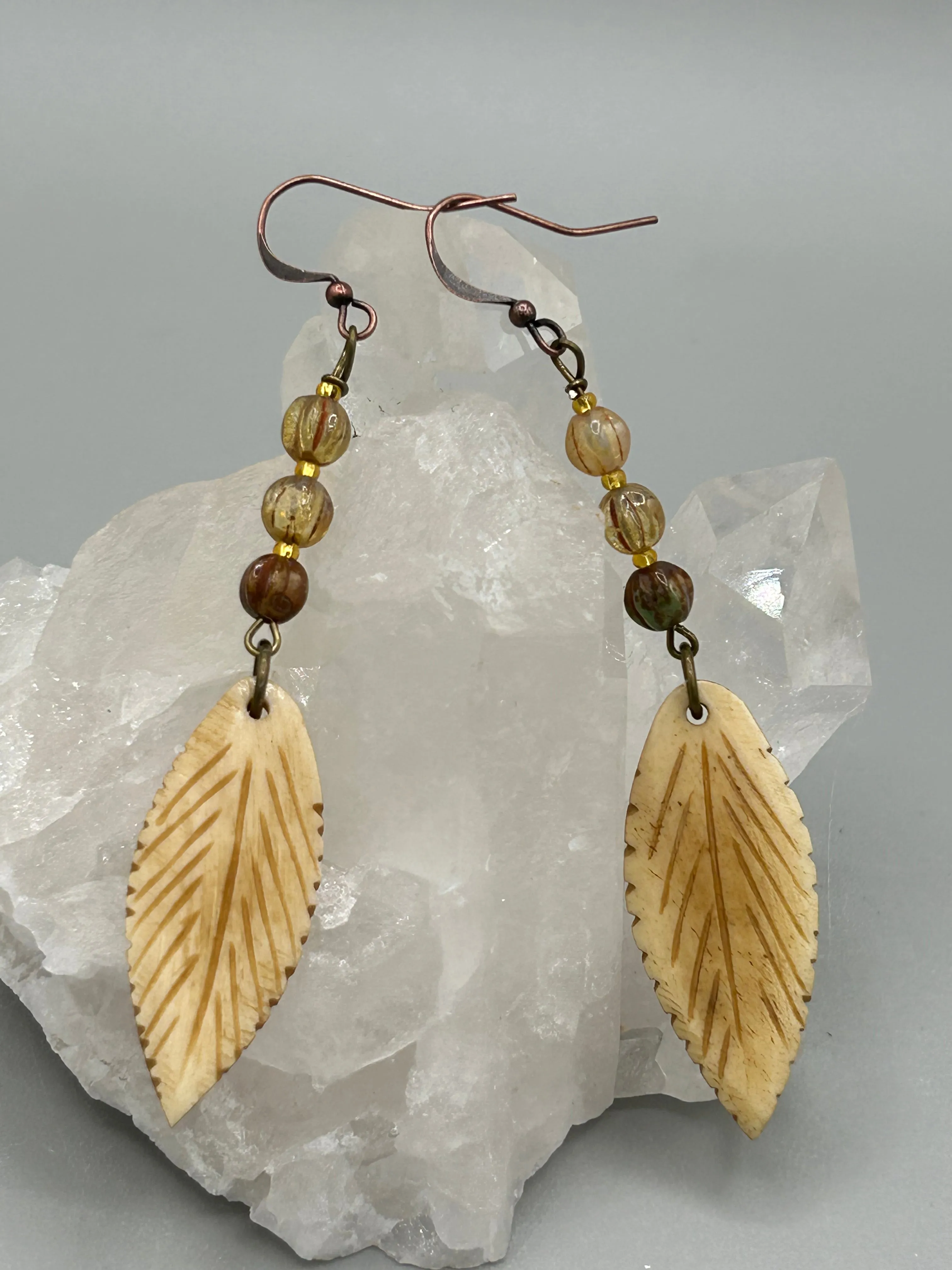 Bone Carved Leaf Charm Earrings, Champagne Mix Melon Czech Round Glass Beaded Earrings