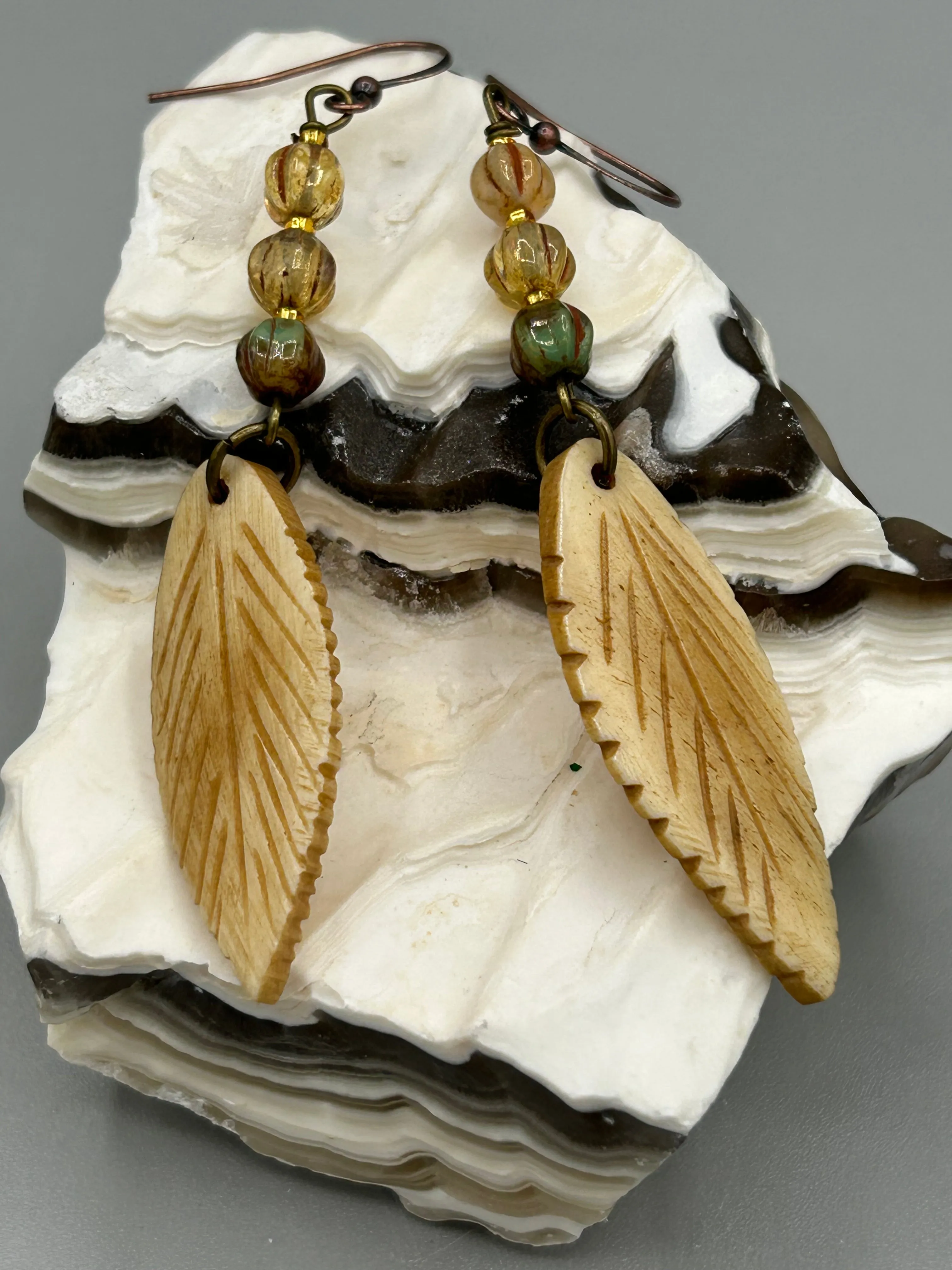 Bone Carved Leaf Charm Earrings, Champagne Mix Melon Czech Round Glass Beaded Earrings