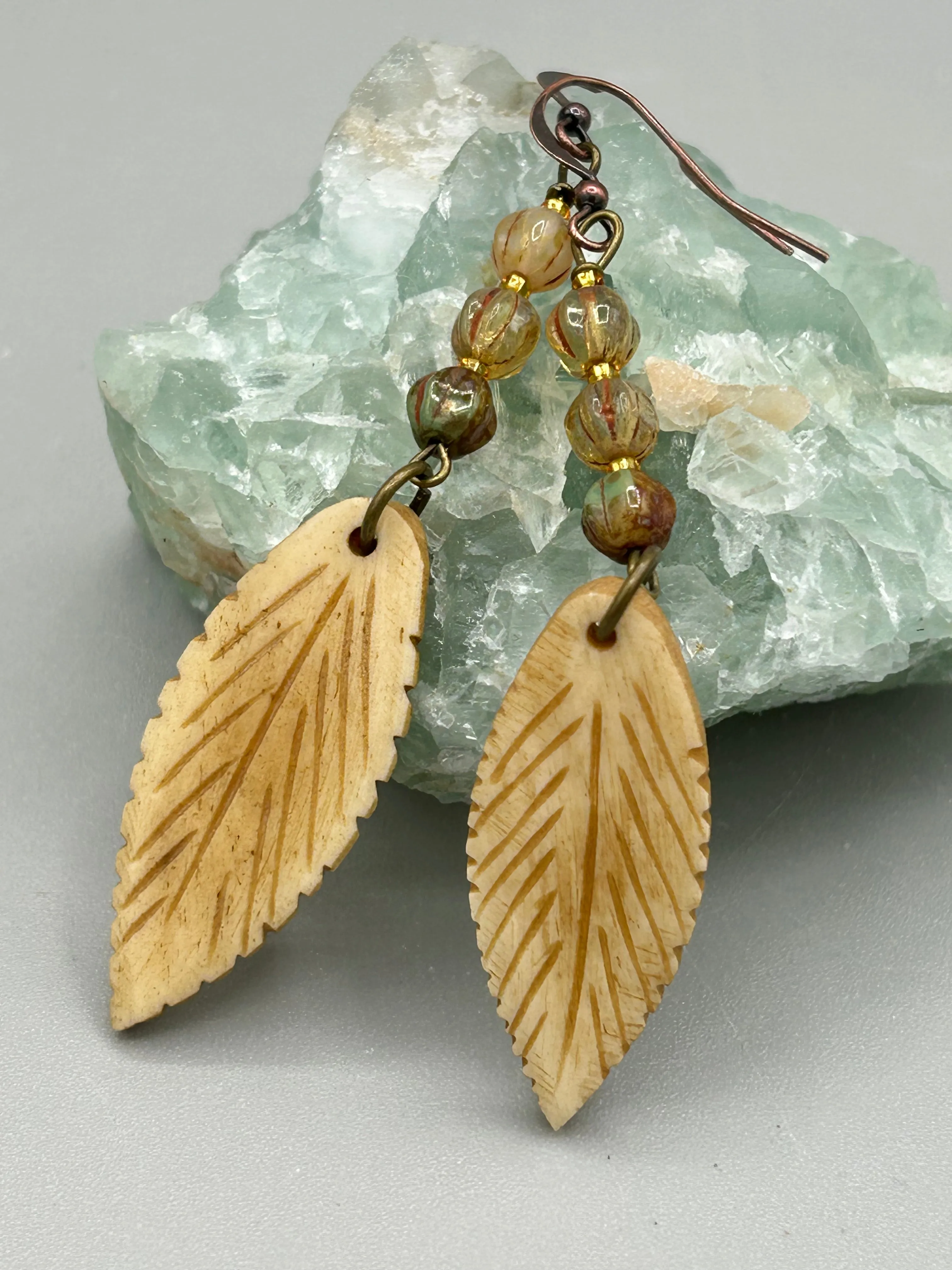 Bone Carved Leaf Charm Earrings, Champagne Mix Melon Czech Round Glass Beaded Earrings
