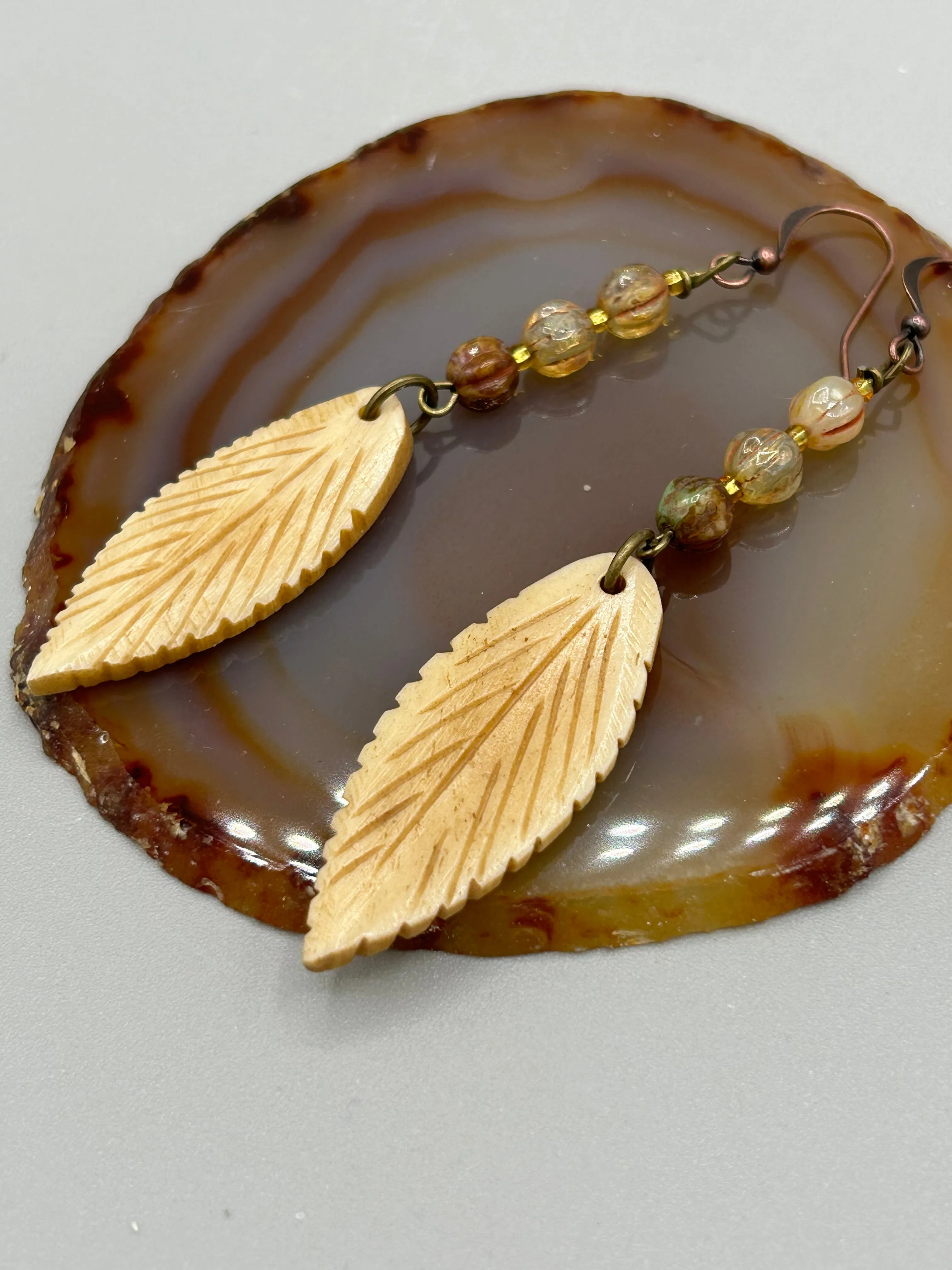 Bone Carved Leaf Charm Earrings, Champagne Mix Melon Czech Round Glass Beaded Earrings