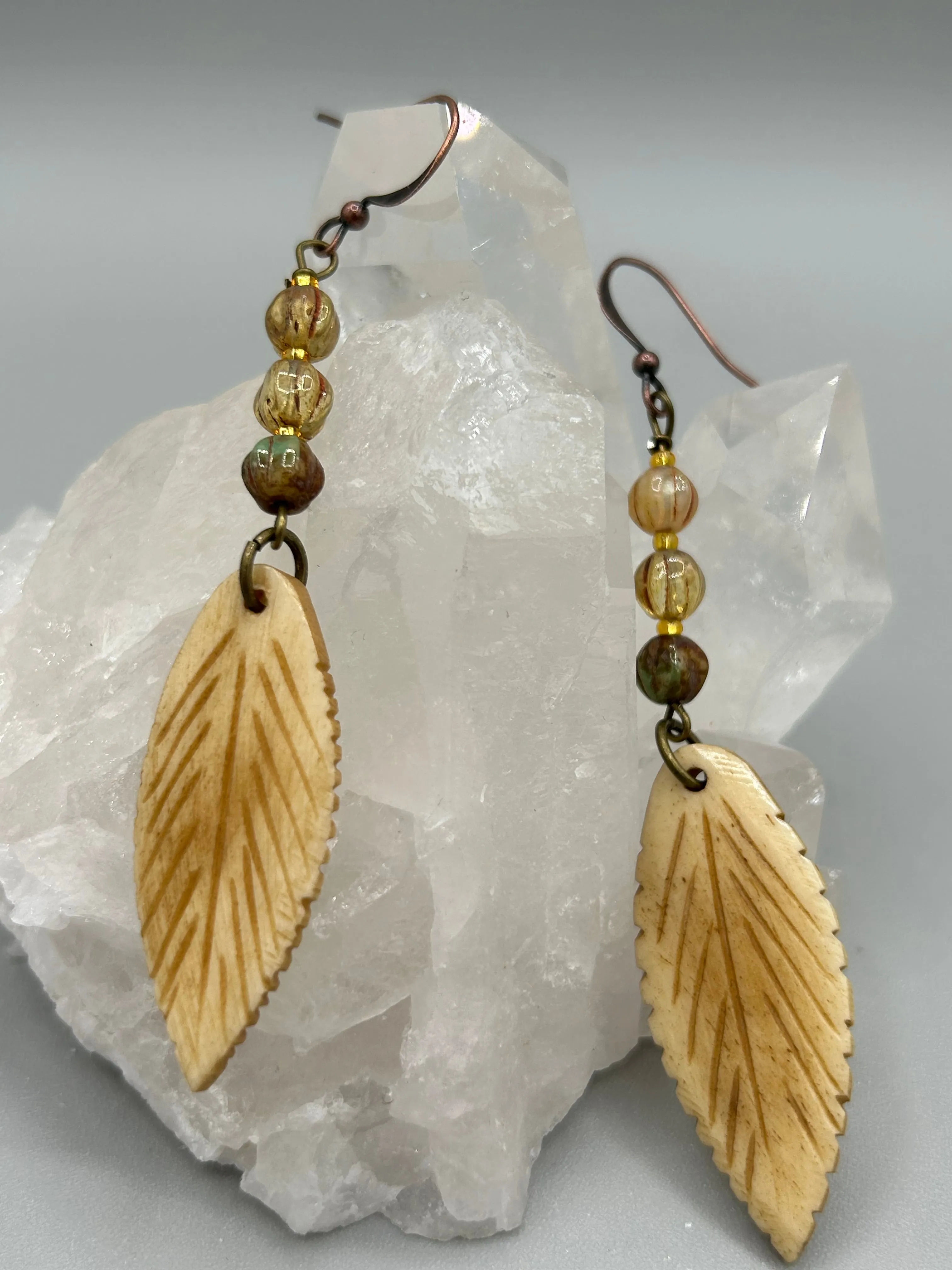 Bone Carved Leaf Charm Earrings, Champagne Mix Melon Czech Round Glass Beaded Earrings