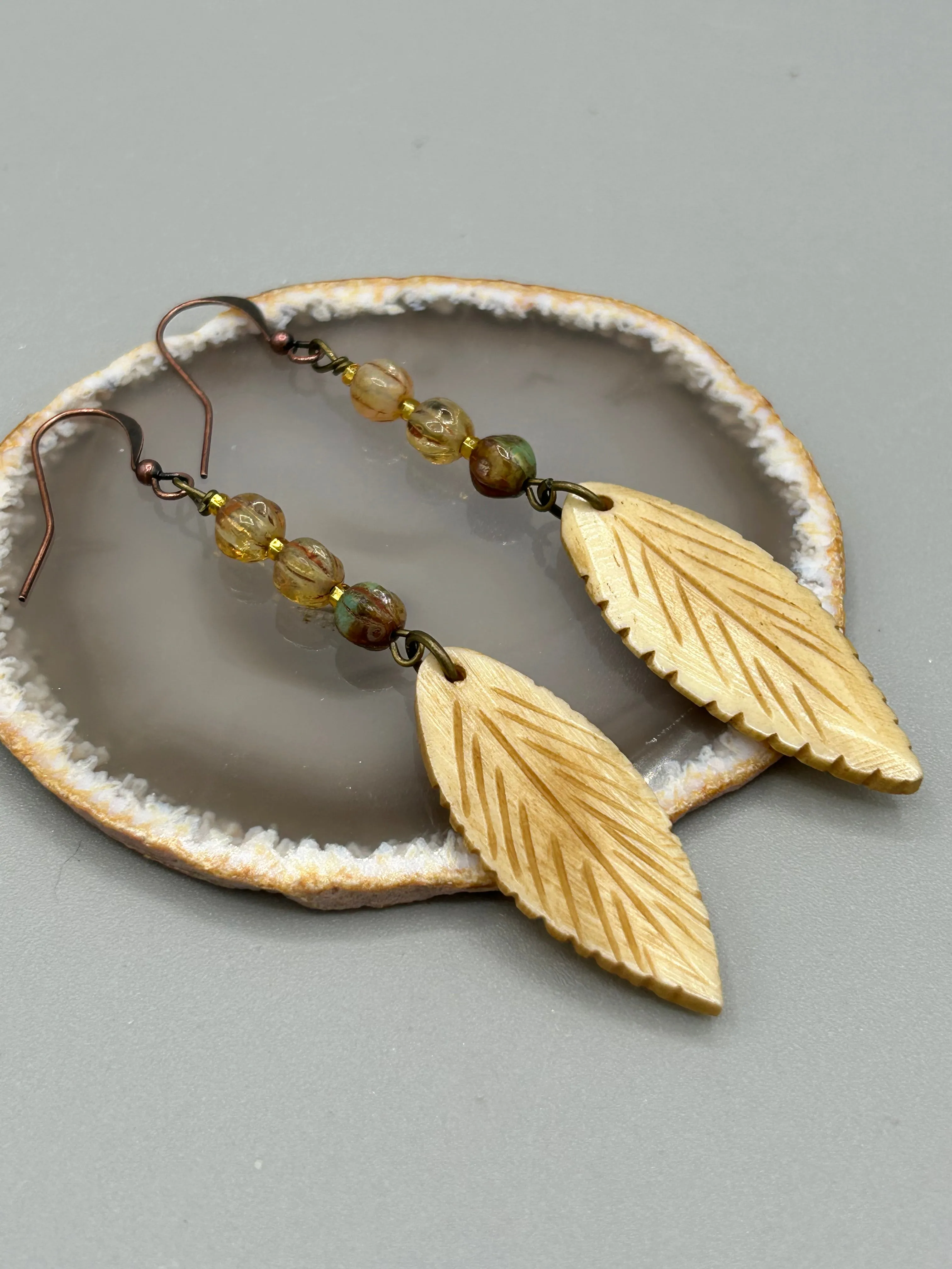 Bone Carved Leaf Charm Earrings, Champagne Mix Melon Czech Round Glass Beaded Earrings