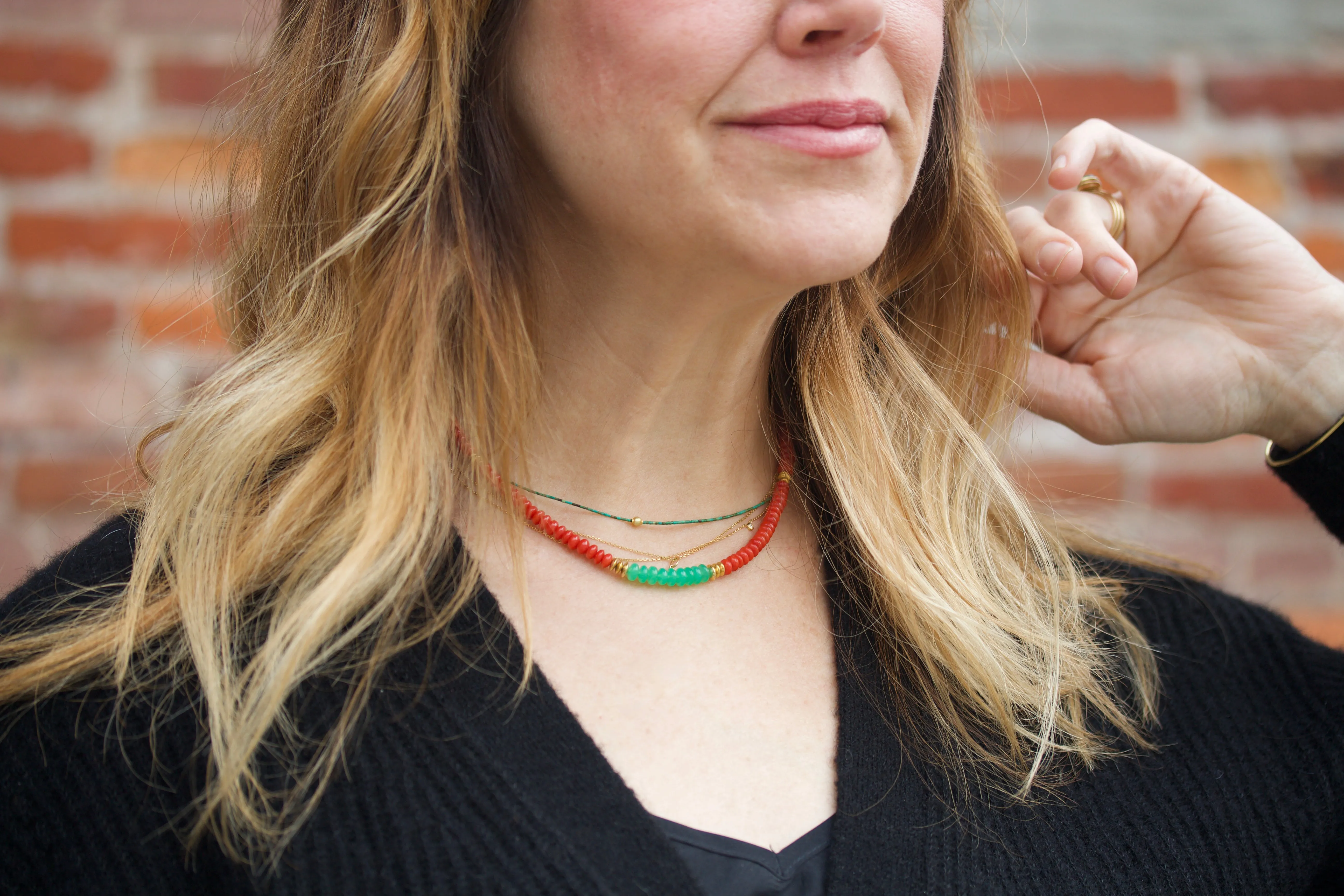 Coral, Chrysoprase & High Karat Gold Beaded Necklace