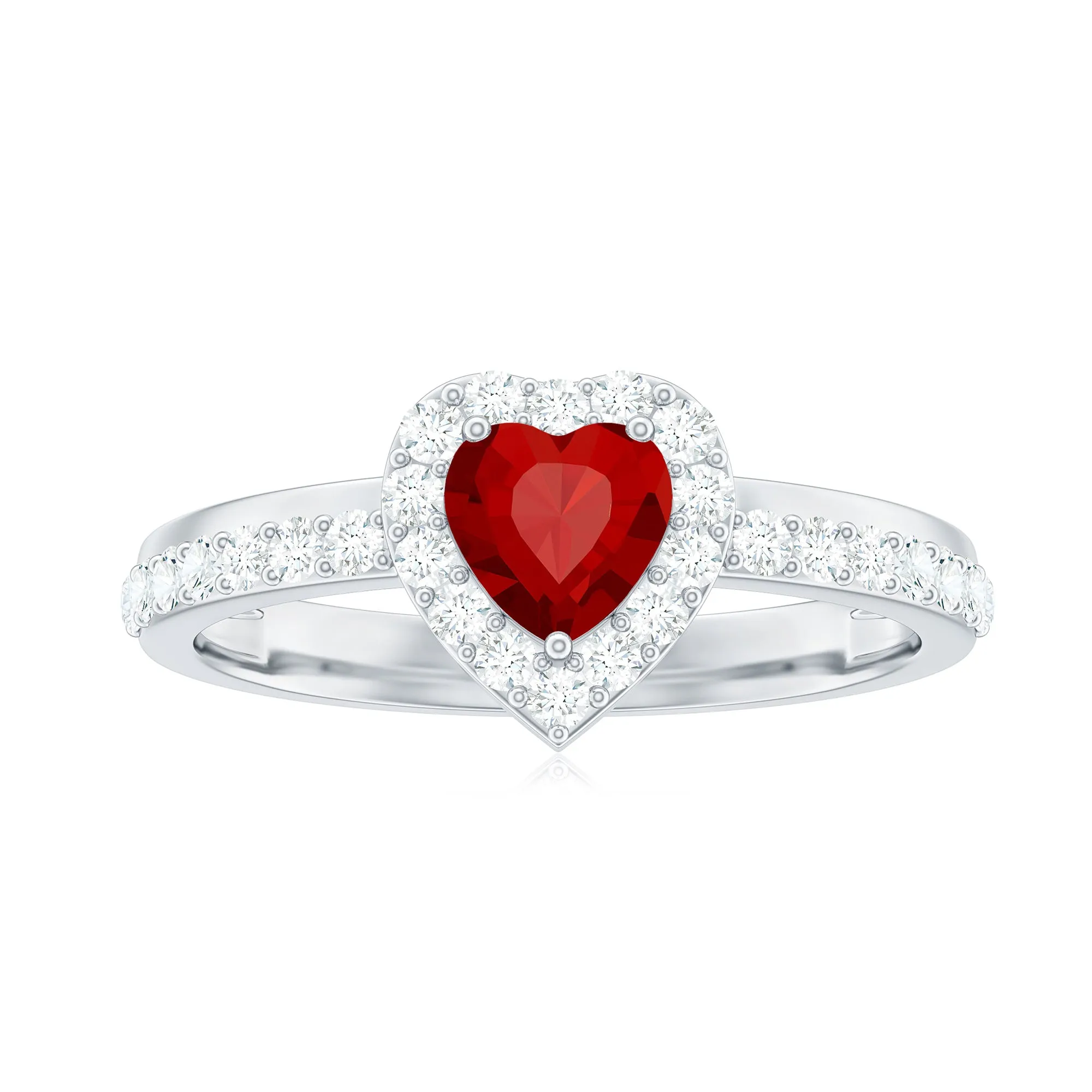 Created Ruby Heart Promise Ring with Diamond Halo