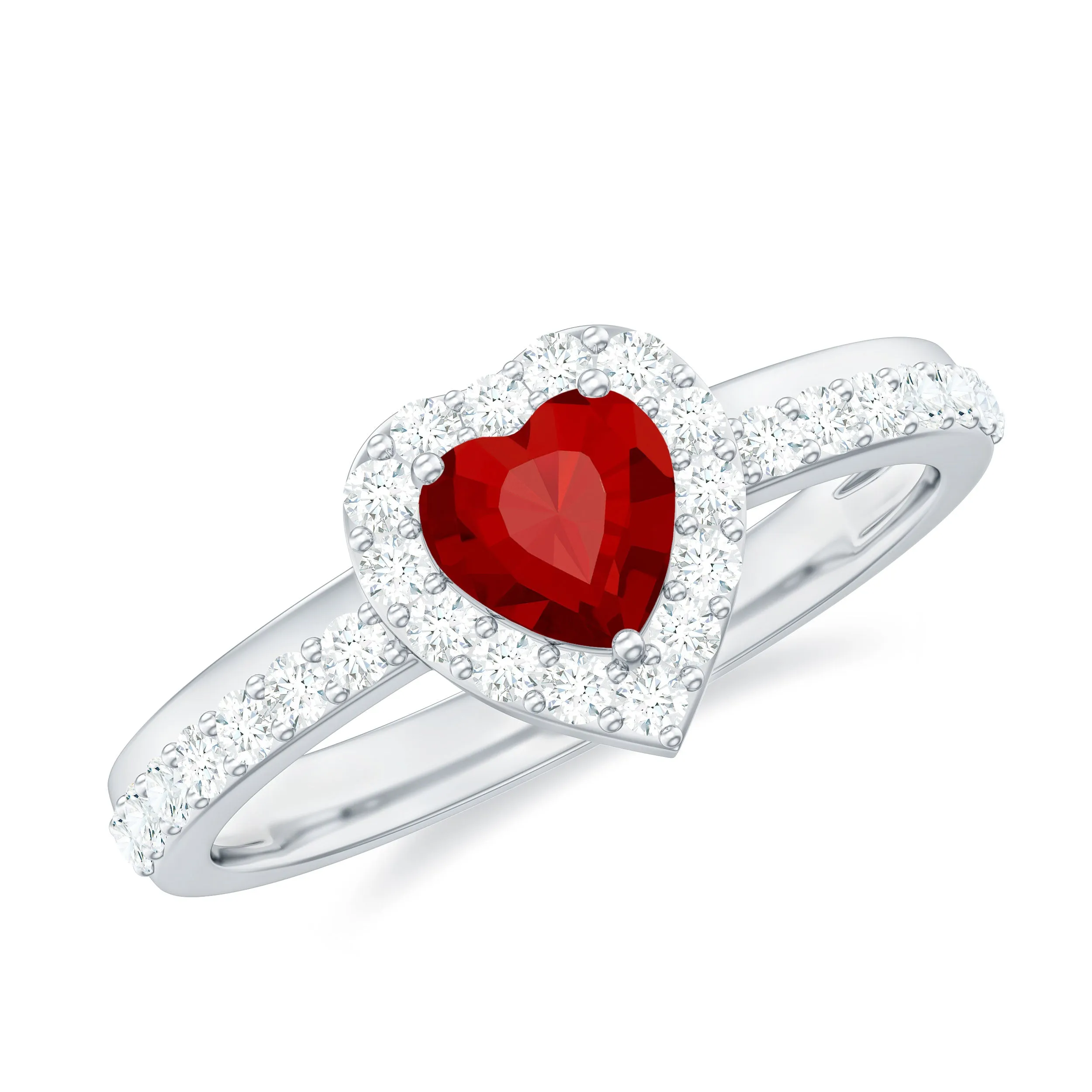 Created Ruby Heart Promise Ring with Diamond Halo
