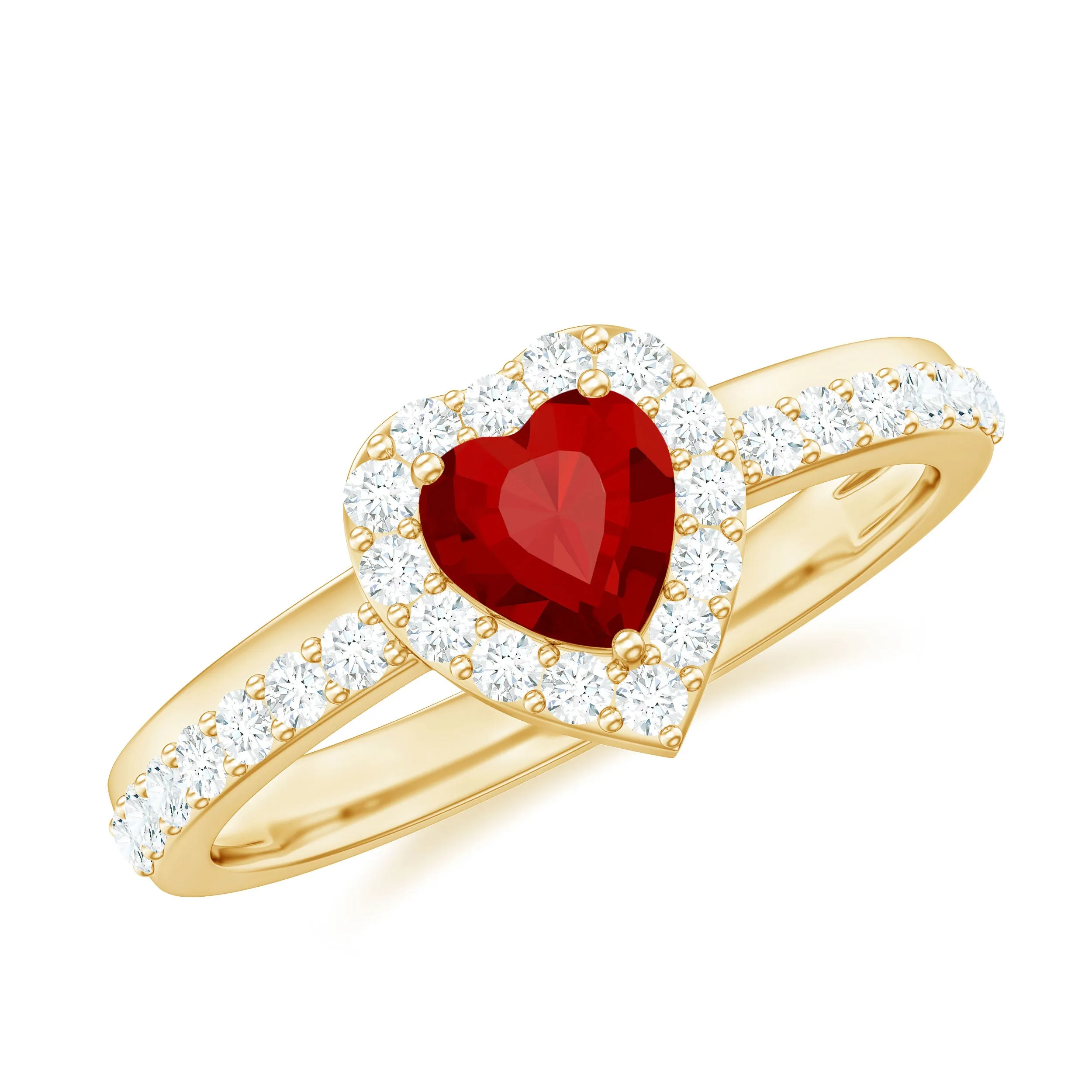 Created Ruby Heart Promise Ring with Diamond Halo