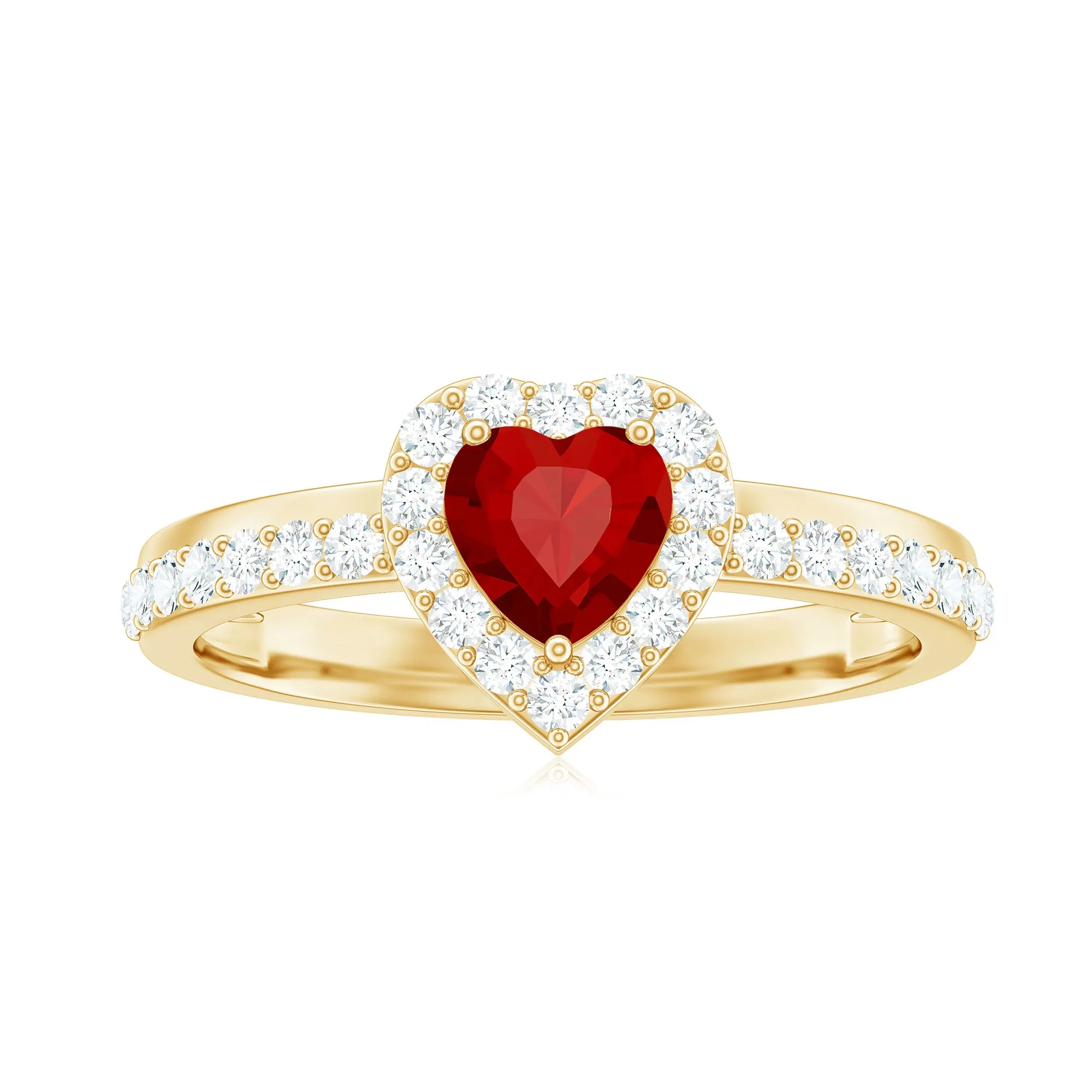 Created Ruby Heart Promise Ring with Diamond Halo