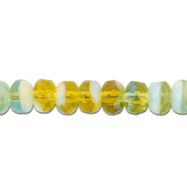Czech Glass 5 x 3mm Aqua Blue Transparent, Amber Transparent, and Ivory Opaque Mix Rondelle Bead Strand by Raven's Journey