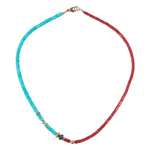 Half Turquoise, Half Coral & High Karat Gold Beaded Necklace