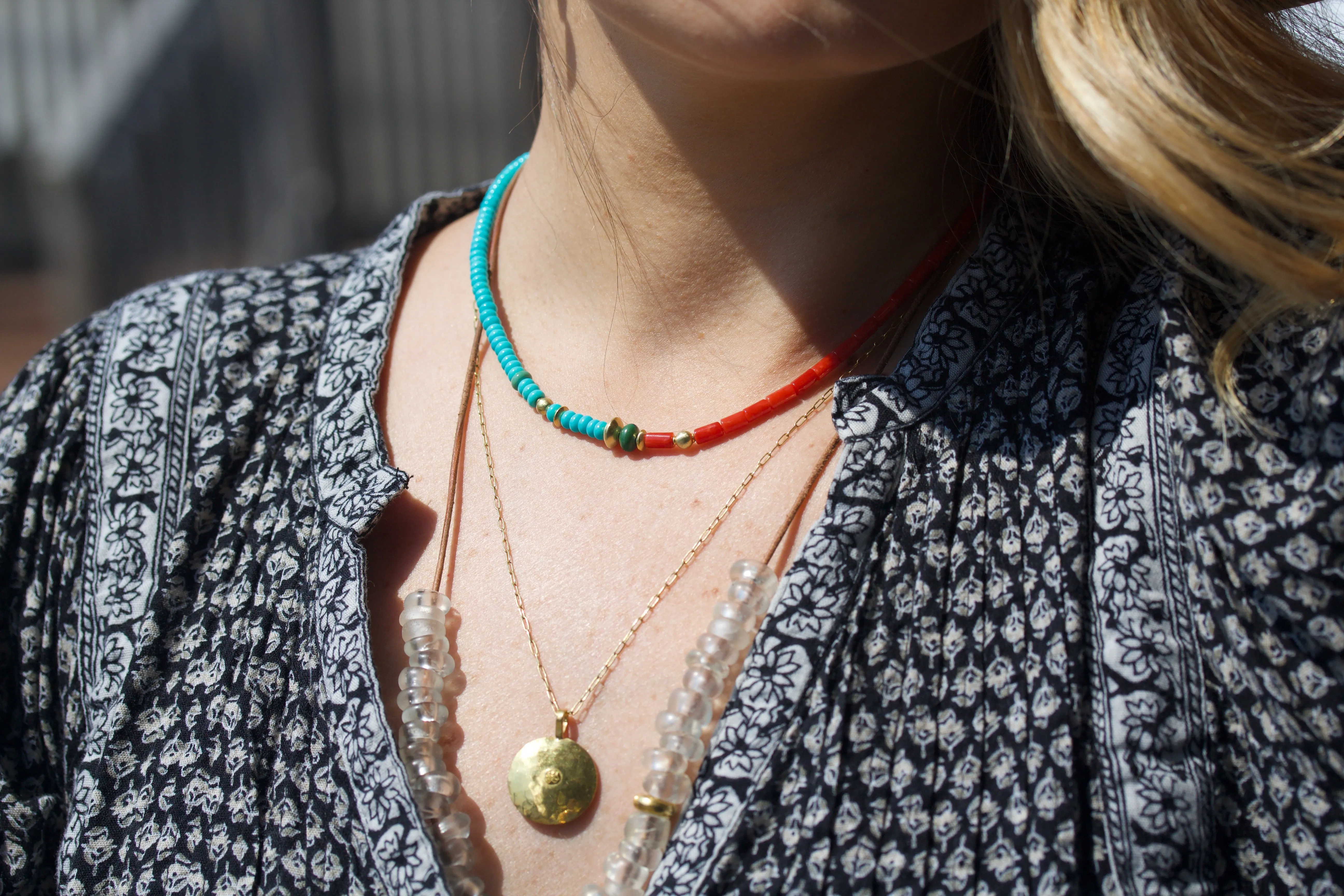 Half Turquoise, Half Coral & High Karat Gold Beaded Necklace