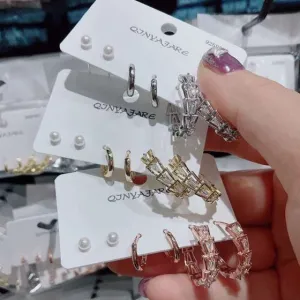 Korean Cubic Zirconia Three Pair Hoops Earring