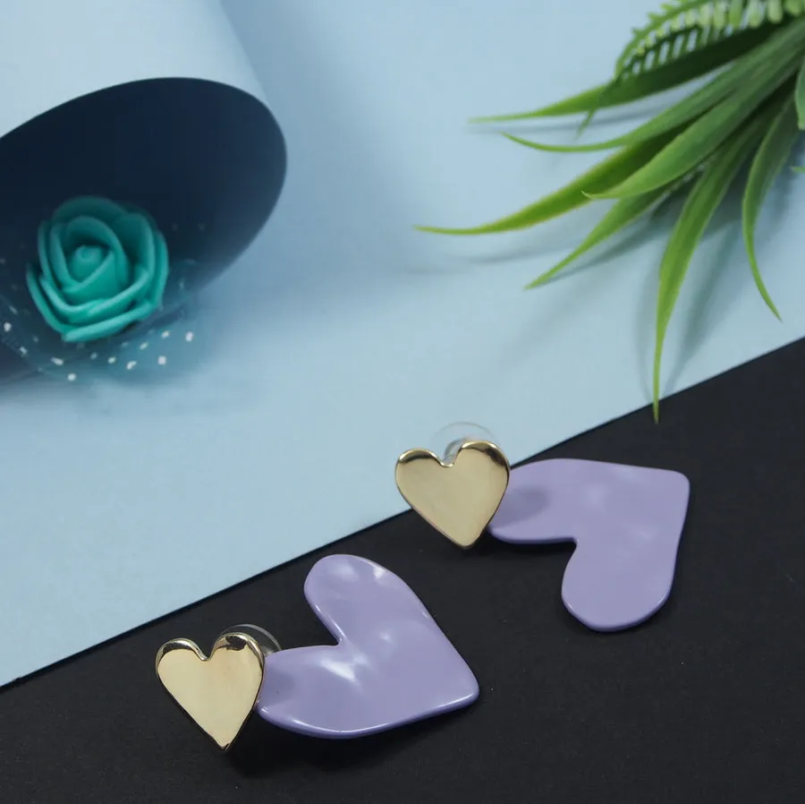 Korean Gold Plated Purple Coloured Flat Heart Shaped Drop Earring