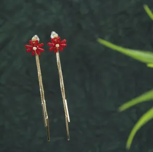 Korean Gold Plated Red Coloured Floral Chain Earring