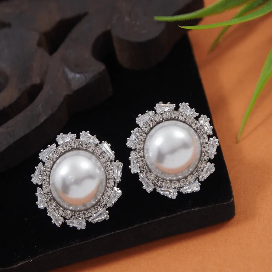 Korean Gold/Silver/Rosegold Plated CZ Baguatte Pearl Stud Earring