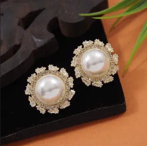Korean Gold/Silver/Rosegold Plated CZ Baguatte Pearl Stud Earring