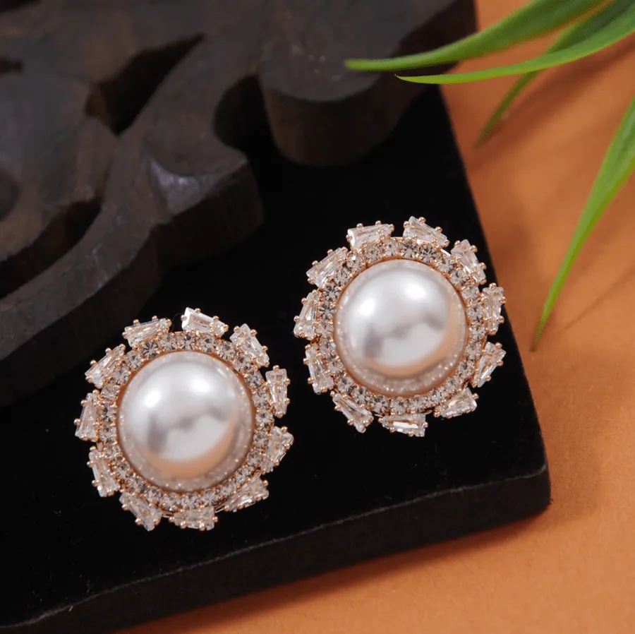 Korean Gold/Silver/Rosegold Plated CZ Baguatte Pearl Stud Earring