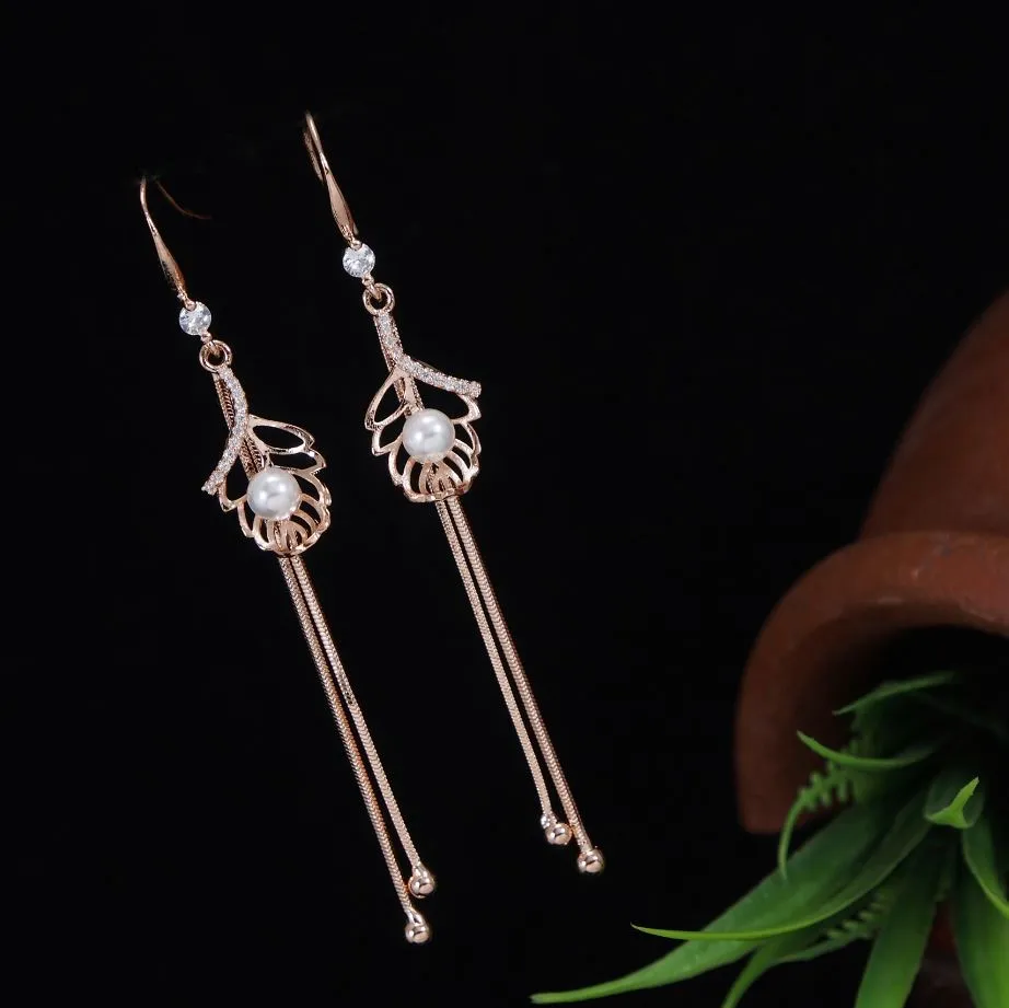 Korean Gold/Silver/Rosegold Plated Hollow Leaf Pearl Dangle Earring