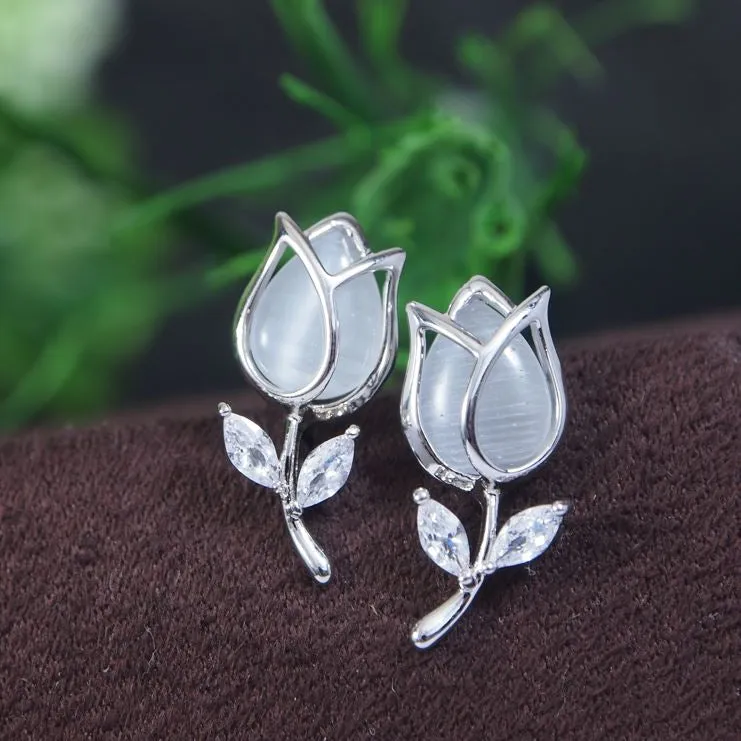Korean Tulip Flower White Stone Earring