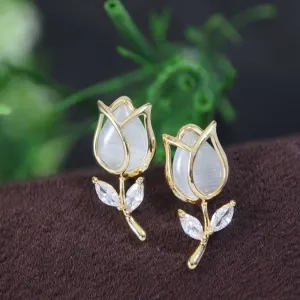 Korean Tulip Flower White Stone Earring