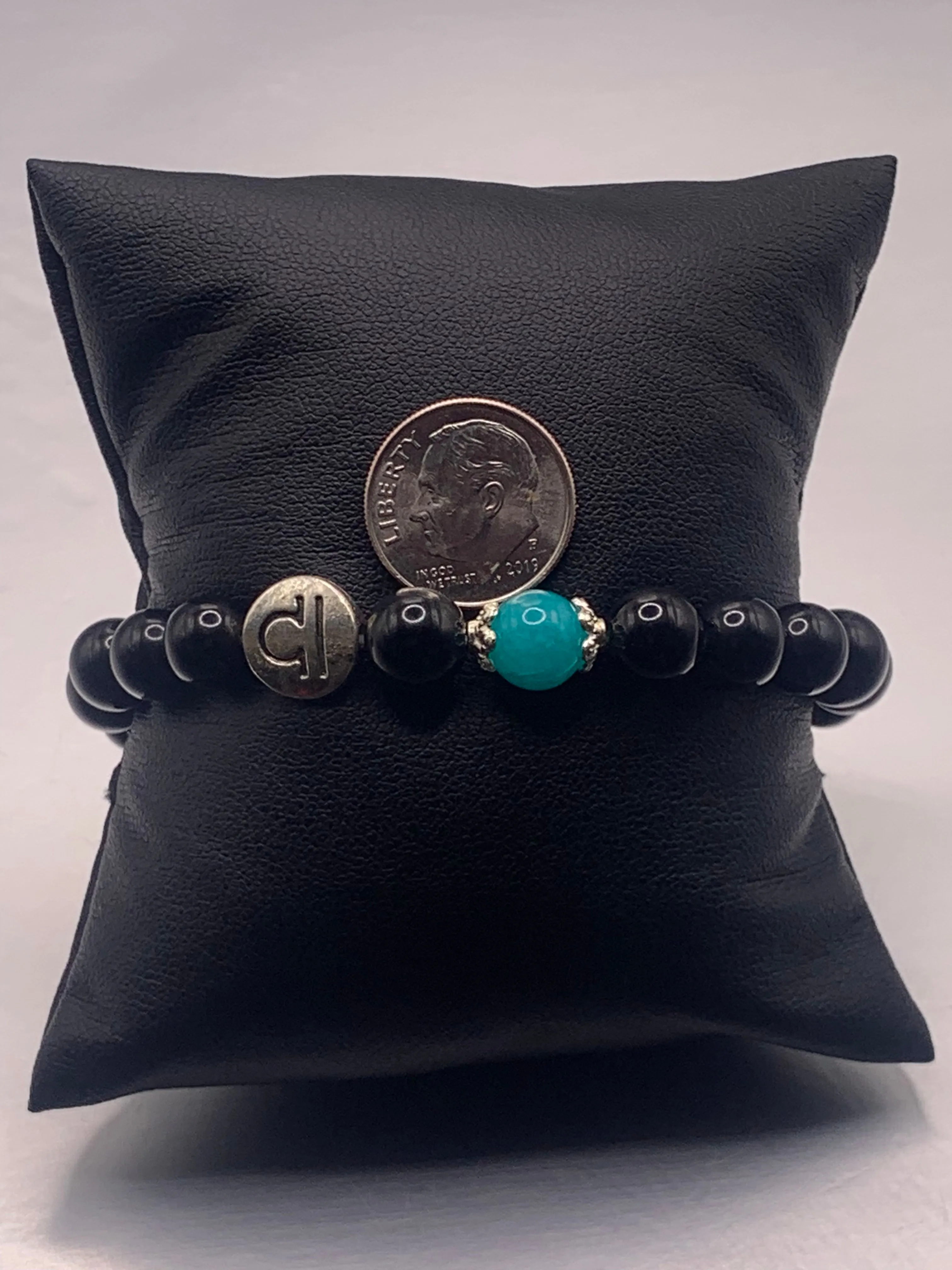 Libra Zodiac black obsidian with aquamarine chalcedony elastic beaded bracelet with silver accents