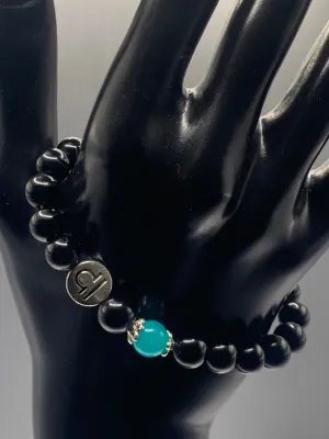 Libra Zodiac black obsidian with aquamarine chalcedony elastic beaded bracelet with silver accents