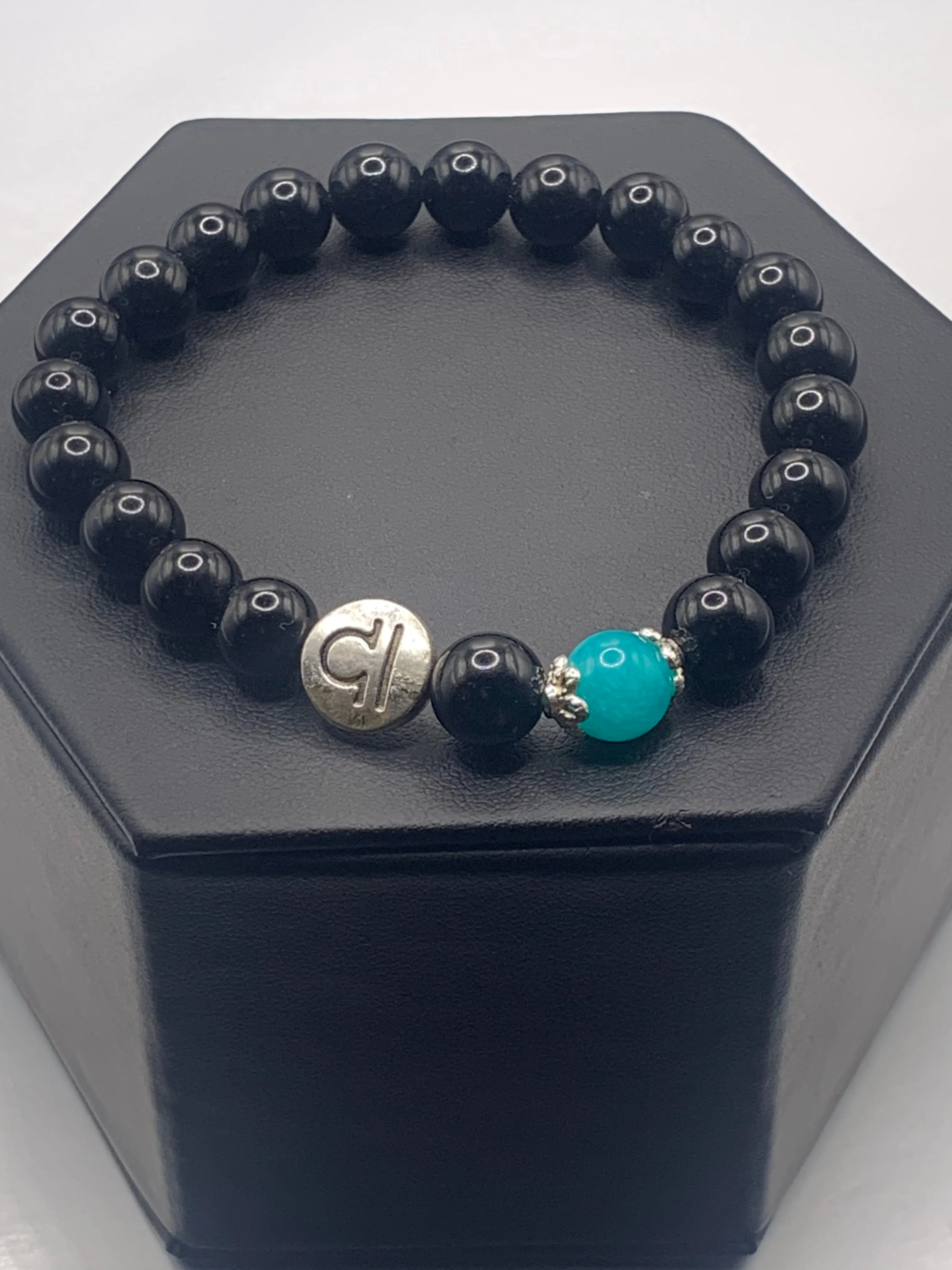 Libra Zodiac black obsidian with aquamarine chalcedony elastic beaded bracelet with silver accents