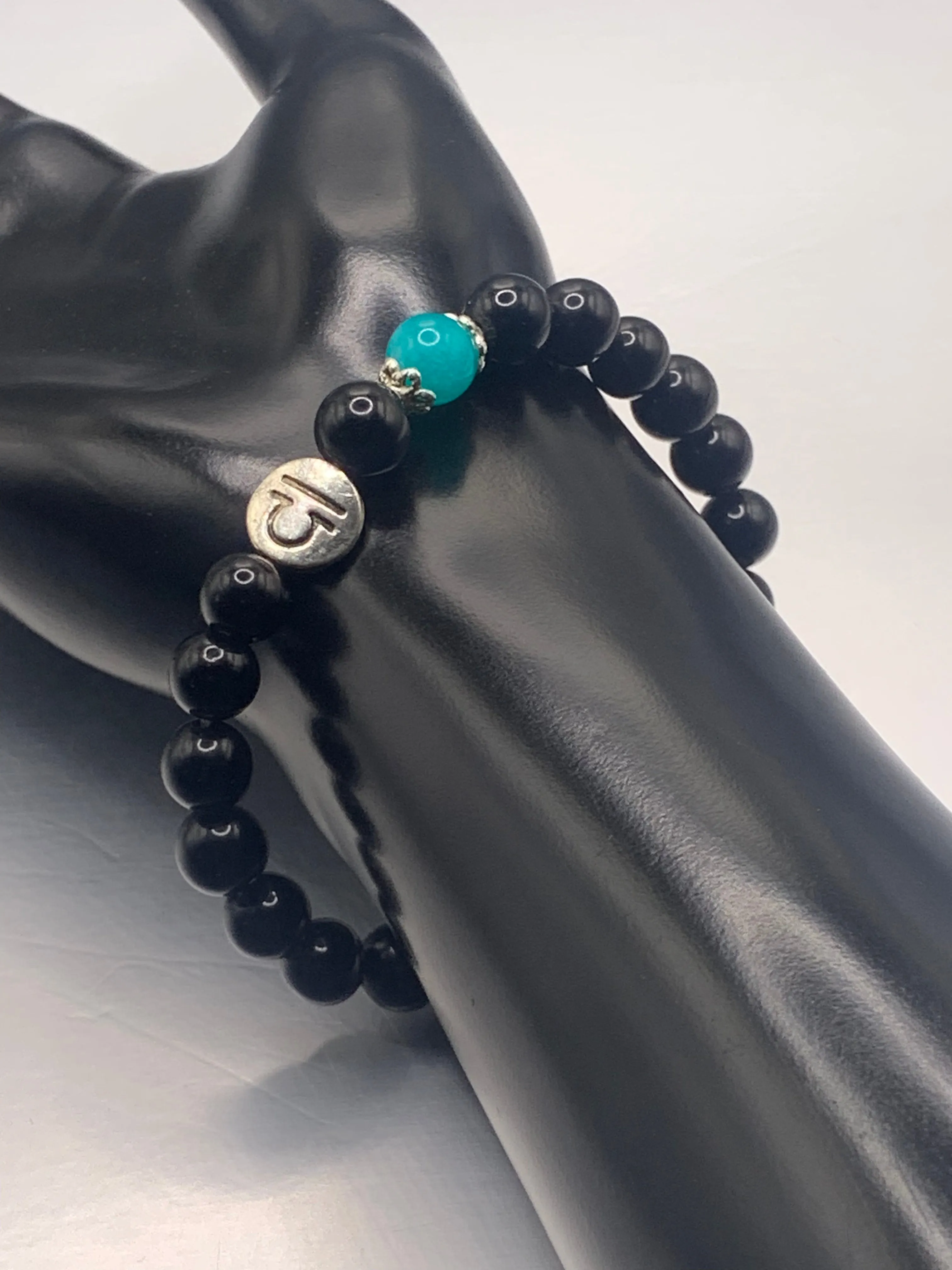 Libra Zodiac black obsidian with aquamarine chalcedony elastic beaded bracelet with silver accents